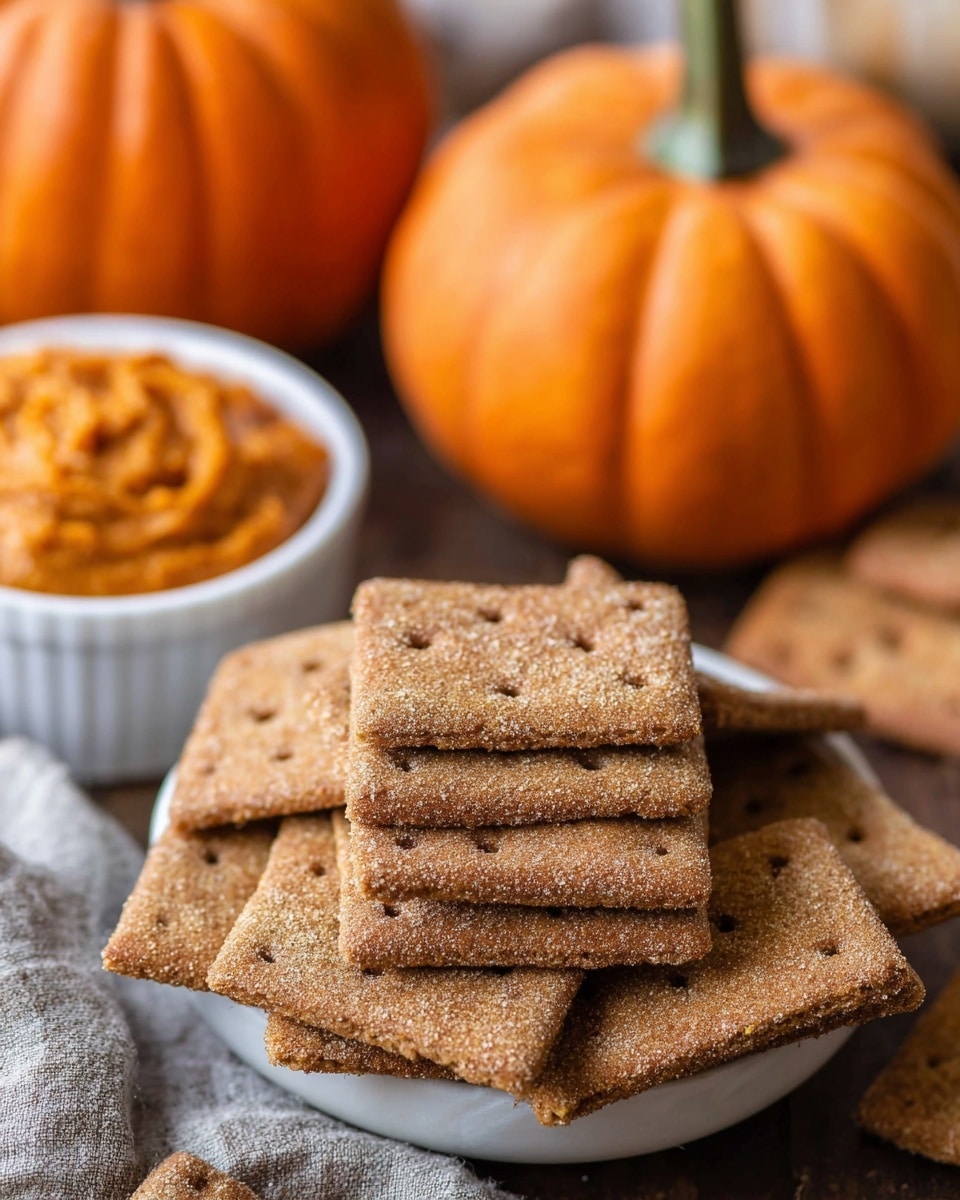 A close-up image showing a white bowl filled with a stack of textured, rectangular cinnamon sugar crackers that have small holes arranged in lines on top. The crackers are light brown with a sugary coating giving a slightly grainy look. Behind the bowl to the left, there is a small white bowl filled with a smooth, orange pumpkin spread, and in the blurred background two medium-sized orange pumpkins sit on a white marbled surface. The scene is cozy with warm colors, emphasizing autumn vibes. photo taken with an iphone --ar 4:5 --v 7