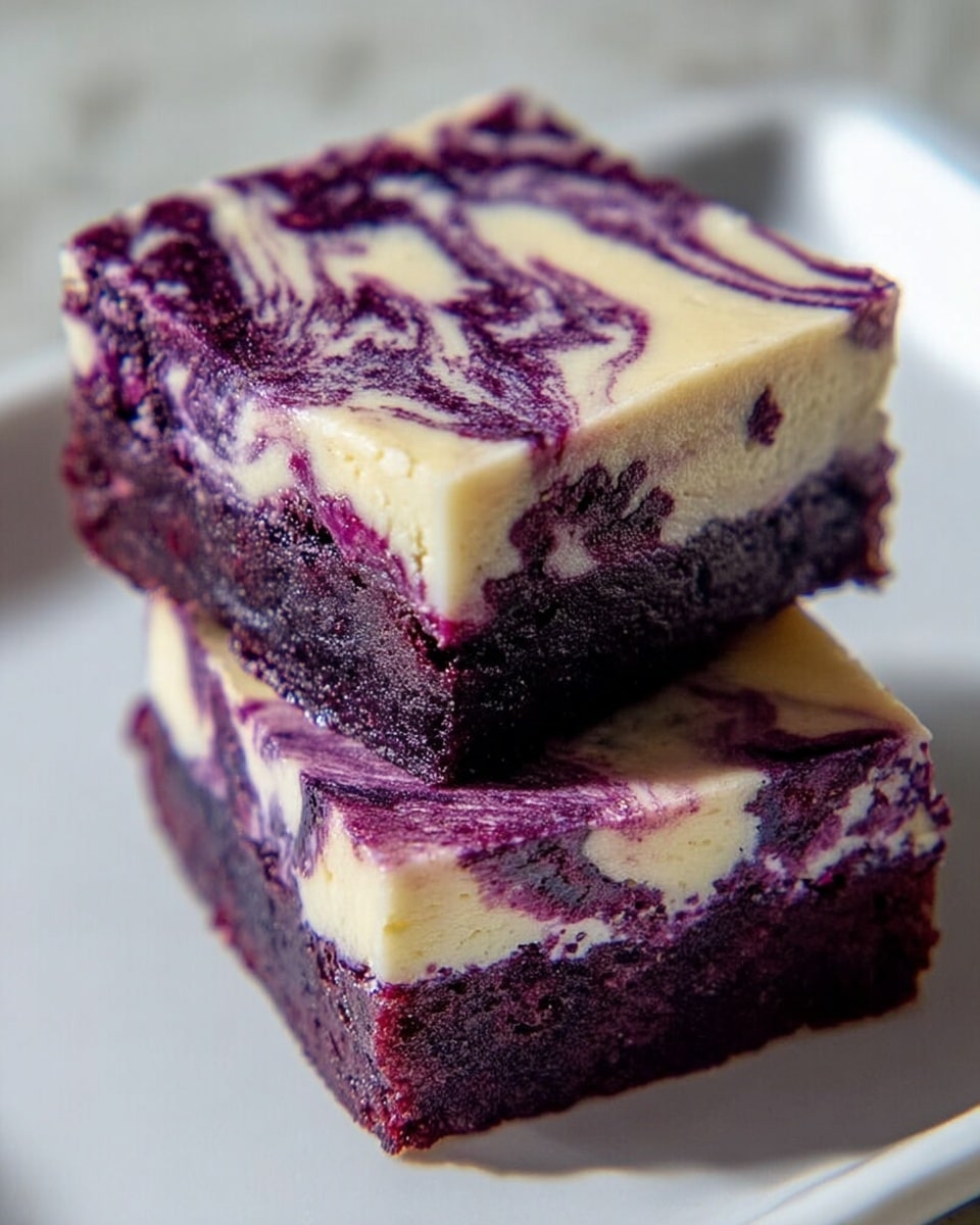 Two square pieces of purple and cream swirled dessert sit stacked slightly on a white plate with a white marbled surface underneath. Each piece has one thick base layer of dark purple with a moist, spongy texture. On top is a cream-colored layer with a marbled pattern of purple streaks swirling through, creating a mix of smooth and textured areas. The cream layer looks smooth and slightly glossy, contrasting with the dense, soft purple base. The lighting highlights the rich colors and textures, making the dessert look fresh and inviting. photo taken with an iphone --ar 4:5 --v 7