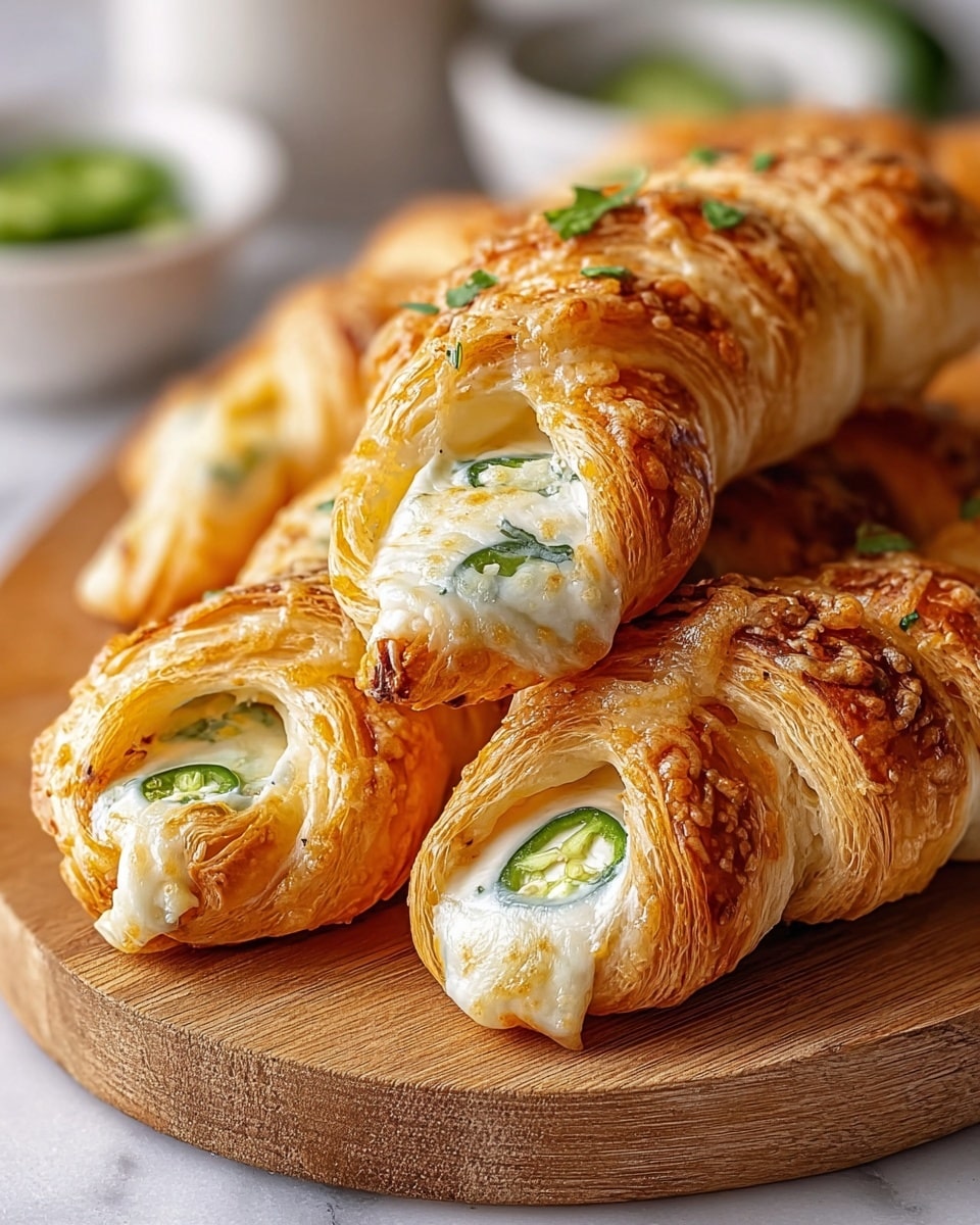 A close-up of several golden brown crescent rolls that are twisted, with crispy outer layers showing flaky texture. Each roll is cut open in the middle, revealing a creamy white cheese filling with visible slices of green jalapeño pepper, topped with small green herb leaves. The rolls rest on a round wooden board placed on a white marbled surface, with a soft blurred background hinting at white bowls. The warm crust has a light sheen and spots of melted cheese baked on top, showing layers of dough and cheese intertwined. Photo taken with an iphone --ar 4:5 --v 7