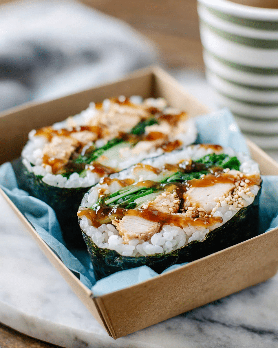 A close-up view of two sushi burrito halves placed side by side inside a cardboard takeout box lined with a blue paper napkin. Each burrito layer starts with a dark green nori seaweed wrap around the outside, followed by a thick layer of white rice. Inside, there is a layer of light brown cooked chicken breast slices with a glossy brown sauce drizzled over the top, and bright green vegetable strips, possibly spinach or green onions, are nestled alongside the chicken. The box rests on a white marbled surface with a blurred striped cup in the background. Photo taken with an iphone --ar 4:5 --v 7