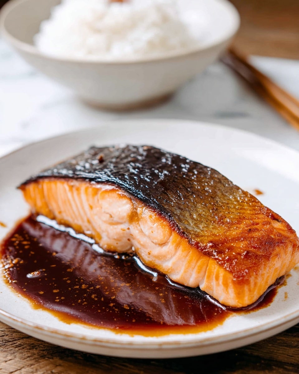 A piece of cooked salmon with a shiny, dark crispy skin layer on top and a light orange, flaky flesh layer beneath it sits slightly angled on a white plate. Underneath the salmon is a pool of thick, dark brown sauce with glossy texture that spreads slightly across the plate. In the blurred background, a white bowl with white rice and wooden chopsticks are partially visible on a white marbled surface. photo taken with an iphone --ar 4:5 --v 7