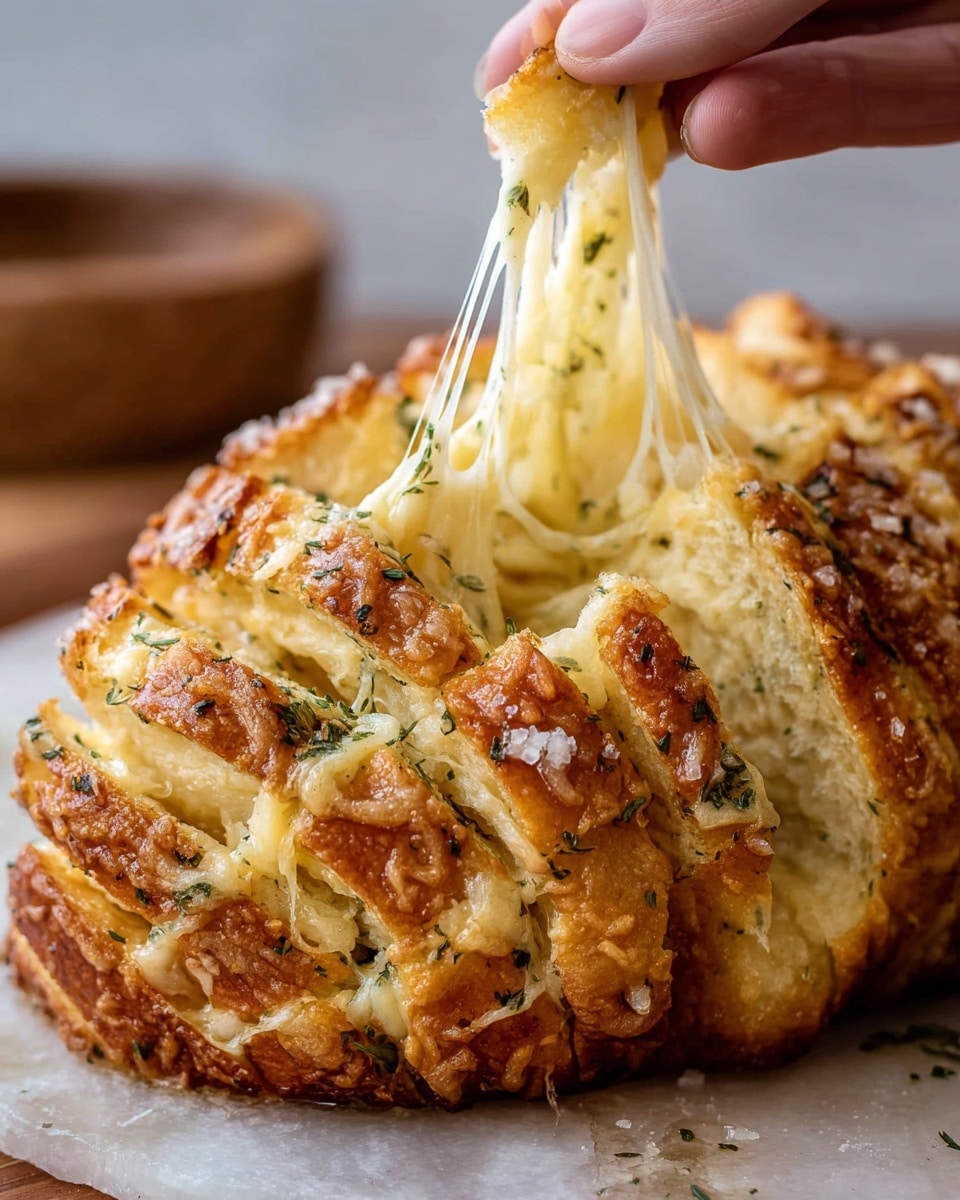 A close-up image shows a golden-brown pull-apart bread with about seven visible thick layers. Each layer is filled with melted cheese that stretches in thin strings between the pieces. The bread has a crispy texture with sprinkled herbs and coarse salt on top. A woman's hand gently holds the left side of the bread, pulling one section slightly apart. The background shows a soft white marbled texture with a blurred wooden bowl in the distance. Photo taken with an iphone --ar 4:5 --v 7