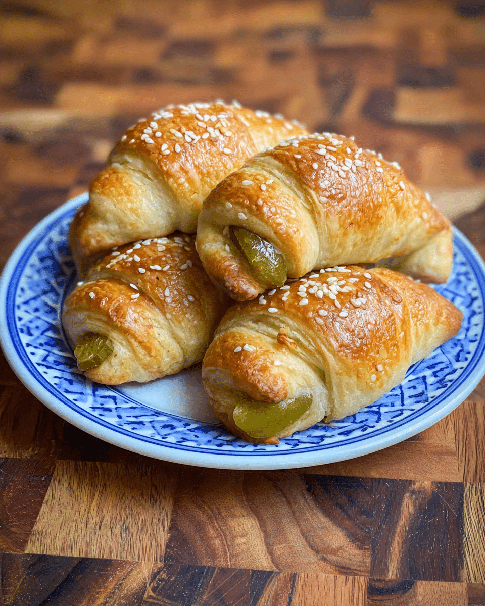 The image shows a white plate with blue geometric patterns filled with five golden brown crescent rolls, each topped with small white sesame seeds. Inside each crescent roll, there is a visible green pickle, showing layers of crispy, flaky dough wrapped tightly around the pickle in a curved shape. The crescent rolls have a shiny, slightly glossy surface and a soft, textured look with some cracks exposing the baked dough inside. The plate is placed on a dark brown, wooden cutting board with a rich and varied grain pattern. Photo taken with an iphone --ar 4:5 --v 7