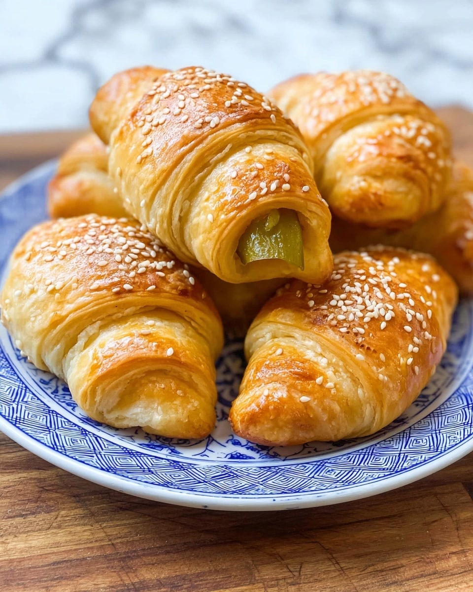 A close-up view of six golden-brown crescent rolls with a shiny surface sprinkled with white sesame seeds, each roll showing a small piece of green pickle peeking out from the center. The crescent rolls have a soft, flaky texture with tightly wrapped layers, arranged stacked on top of each other on a white plate with blue geometric patterns. The scene is set on a white marbled textured surface. Photo taken with an iphone --ar 4:5 --v 7