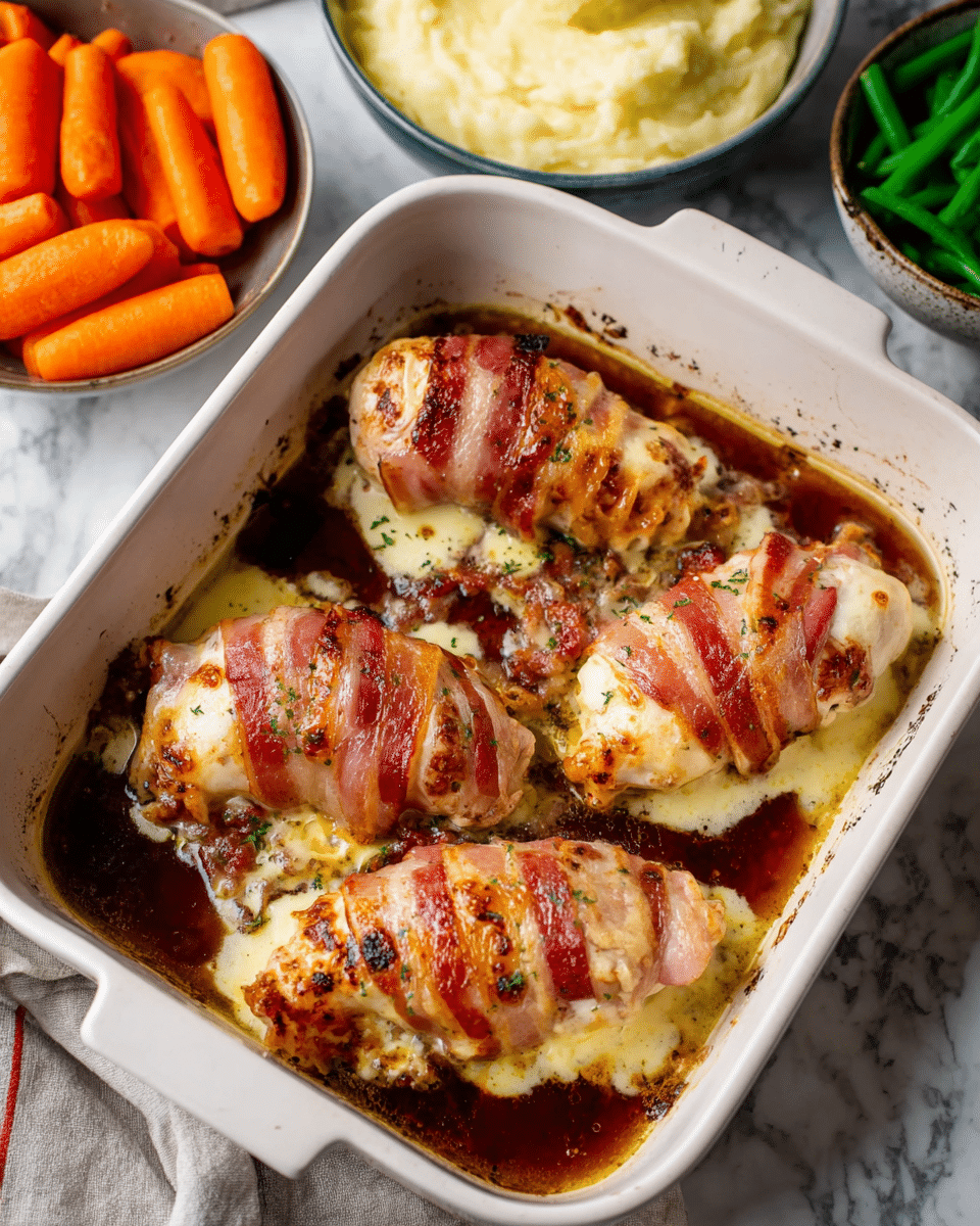 The image shows a white rectangular baking dish filled with four pieces of chicken wrapped in bacon, each piece covered with melted, slightly browned cheese and a sauce that is dark red-brown, pooling around the edges. The chicken pieces are juicy and have a light golden color where visible through the bacon. The bacon is crisp and reddish, wrapping each piece tightly. Next to the dish, only partly visible, are a white bowl with creamy mashed potatoes, a white bowl with sliced or chopped orange carrots, and another bowl with green beans. The setting rests on a white marbled surface. photo taken with an iphone --ar 4:5 --v 7