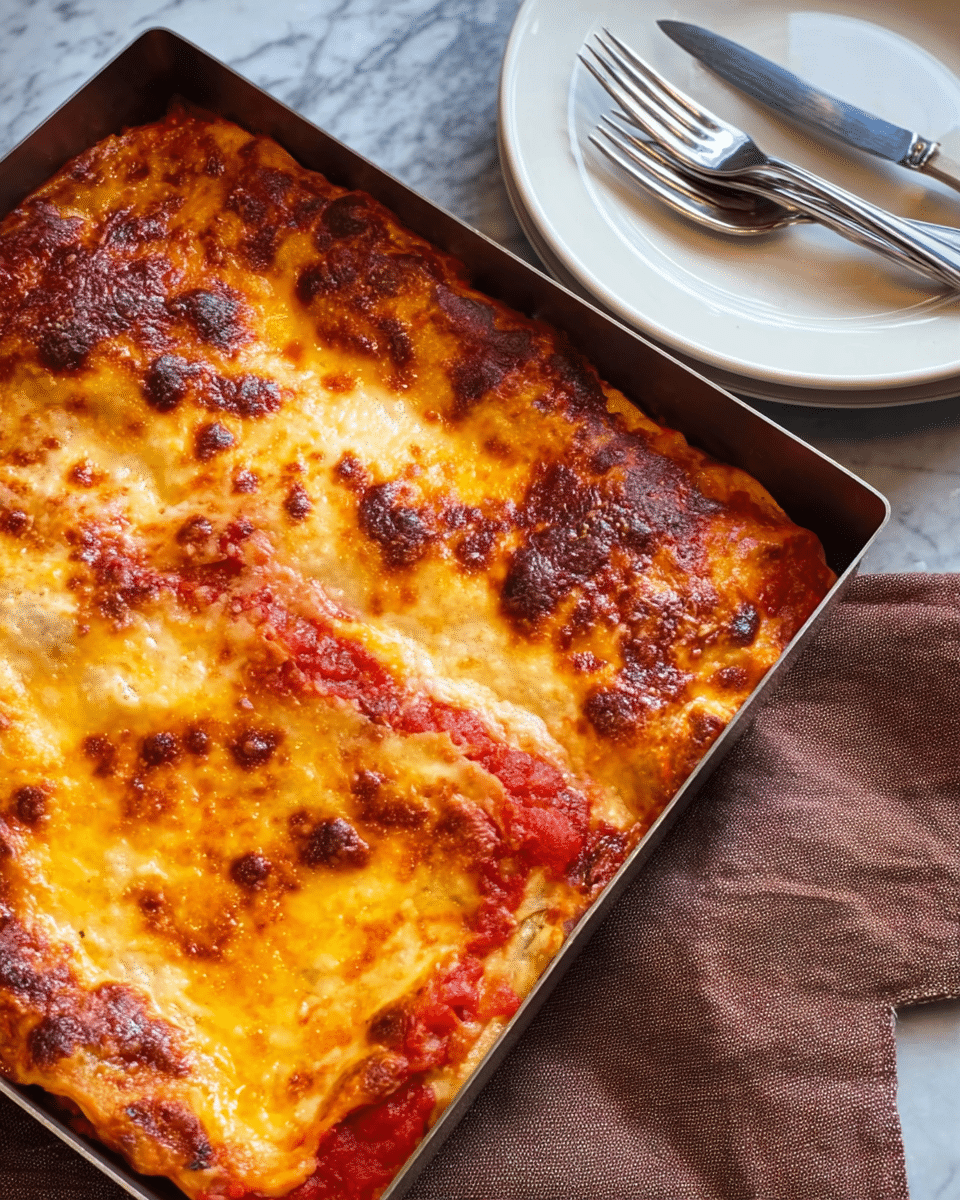 A close-up view of a freshly baked lasagna inside a metal square baking pan, showing three visible layers. The top layer is a golden brown melted cheese with browned spots, slightly bubbly and textured. Beneath that is a mix of red tomato sauce peeking through the cheese edges with a smooth, thick texture. The bottom layer is a lighter pasta sheet with slight bubbling from baking. The baking pan sits on a brownish cloth over a white marbled surface, and next to it is a white plate with a shiny silver fork and knife resting on the plate. photo taken with an iphone --ar 4:5 --v 7