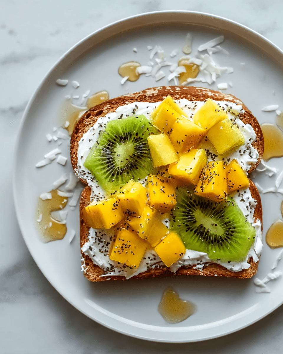 A single slice of toasted bread placed on a white plate with a white marbled background. The toast is spread with a thick layer of creamy white yogurt. On top, there are bright yellow mango cubes scattered evenly, along with two round green kiwi slices placed near the edges. Tiny black chia seeds are sprinkled over the fruits and yogurt, adding texture and contrast. Drizzles of golden honey surround the toast on the plate, with some small white coconut flakes scattered around the edges. Photo taken with an iphone --ar 4:5 --v 7