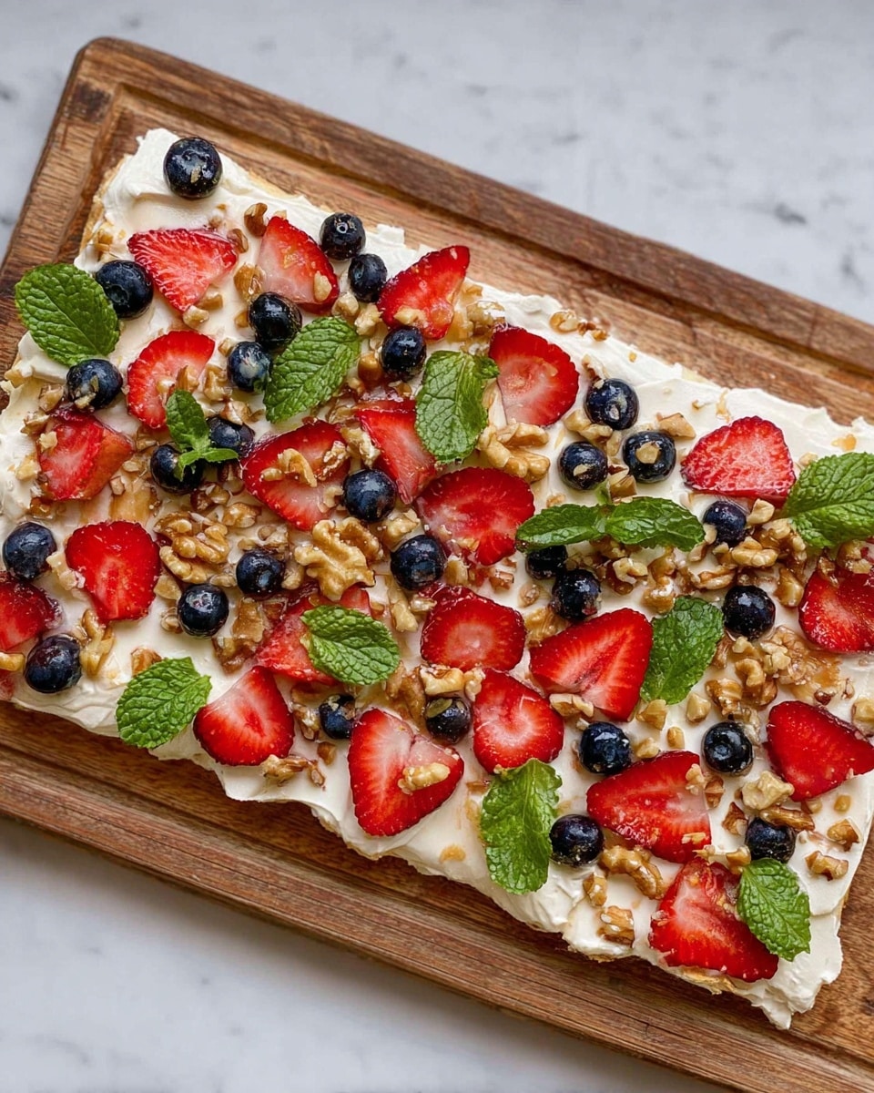 A rectangular layer of white cream is spread unevenly on a wooden cutting board. On top of the cream, there are thin red slices of strawberries scattered evenly, along with whole dark blue blueberries. Small chunks of light brown walnuts are sprinkled all over, with fresh bright green mint leaves placed in between. The dessert has a rough, natural look with a mix of creamy, soft, and crunchy textures. The background is a white marbled surface. Photo taken with an iphone --ar 4:5 --v 7