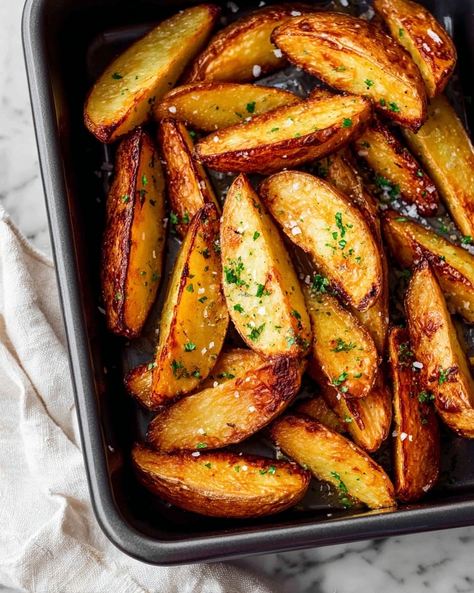 The image shows a black cooking tray filled with thick potato wedges cooked to a golden brown with crispy, slightly wrinkled skin edges. The wedges have a rich, toasted color on the outside and creamy pale yellow color inside, arranged overlapping randomly in the tray. Small bits of chopped green herbs and white coarse salt flakes are sprinkled on top, adding texture and color contrast. The tray is on a white marbled surface with part of a white cloth visible to the left side. photo taken with an iphone --ar 4:5 --v 7