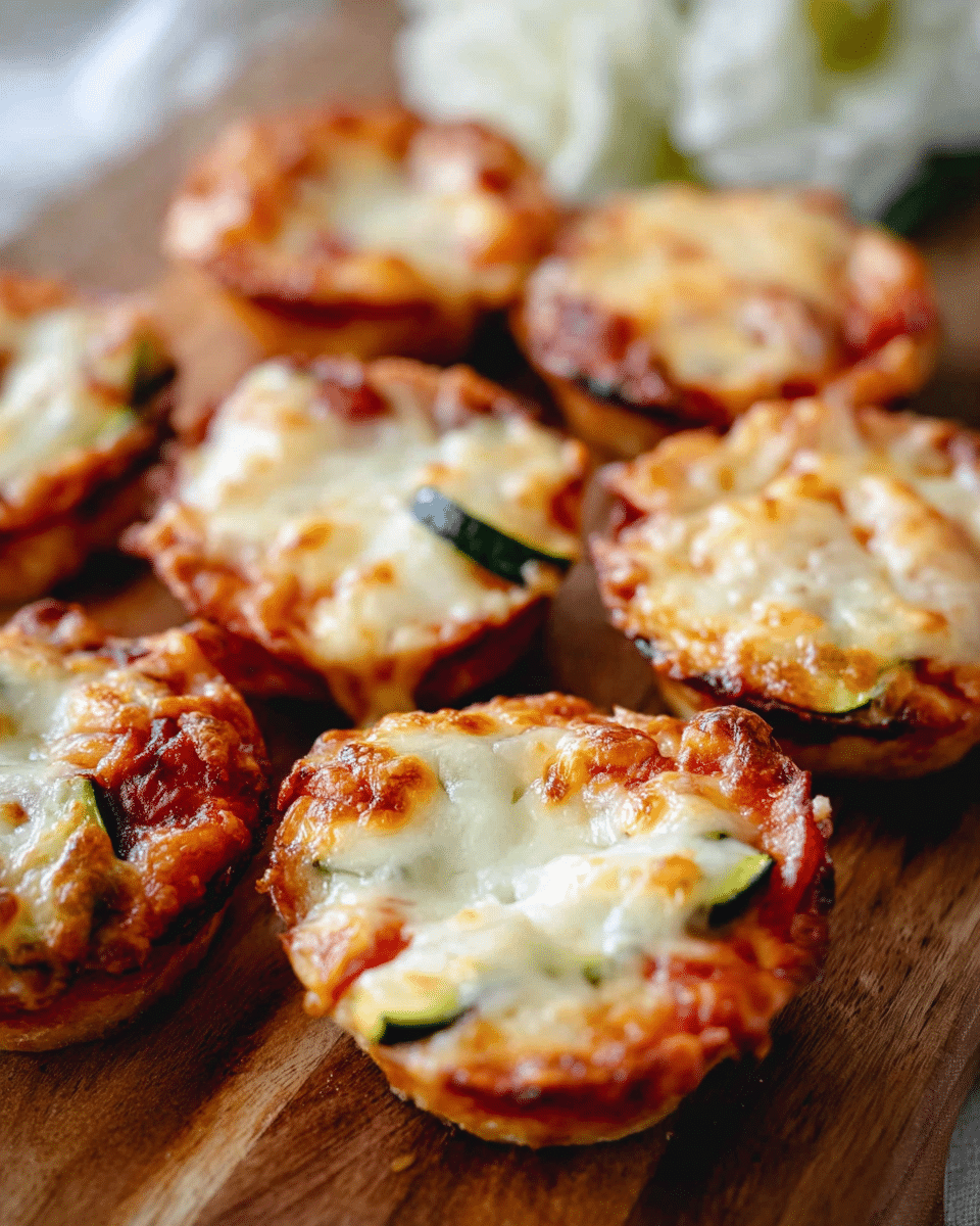 Small mini pizzas are placed closely on a wooden board. Each mini pizza has a crispy golden brown crust forming a cup shape. The base has a reddish tomato sauce layer topped with a thick layer of melted white cheese that is slightly browned in spots. Some mini pizzas show small pieces of green zucchini or red pepper under the cheese. The texture of the cheese looks smooth and gooey. The background is softly blurred, with white flowers faintly visible. The overall scene feels warm and inviting. Photo taken with an iphone --ar 4:5 --v 7