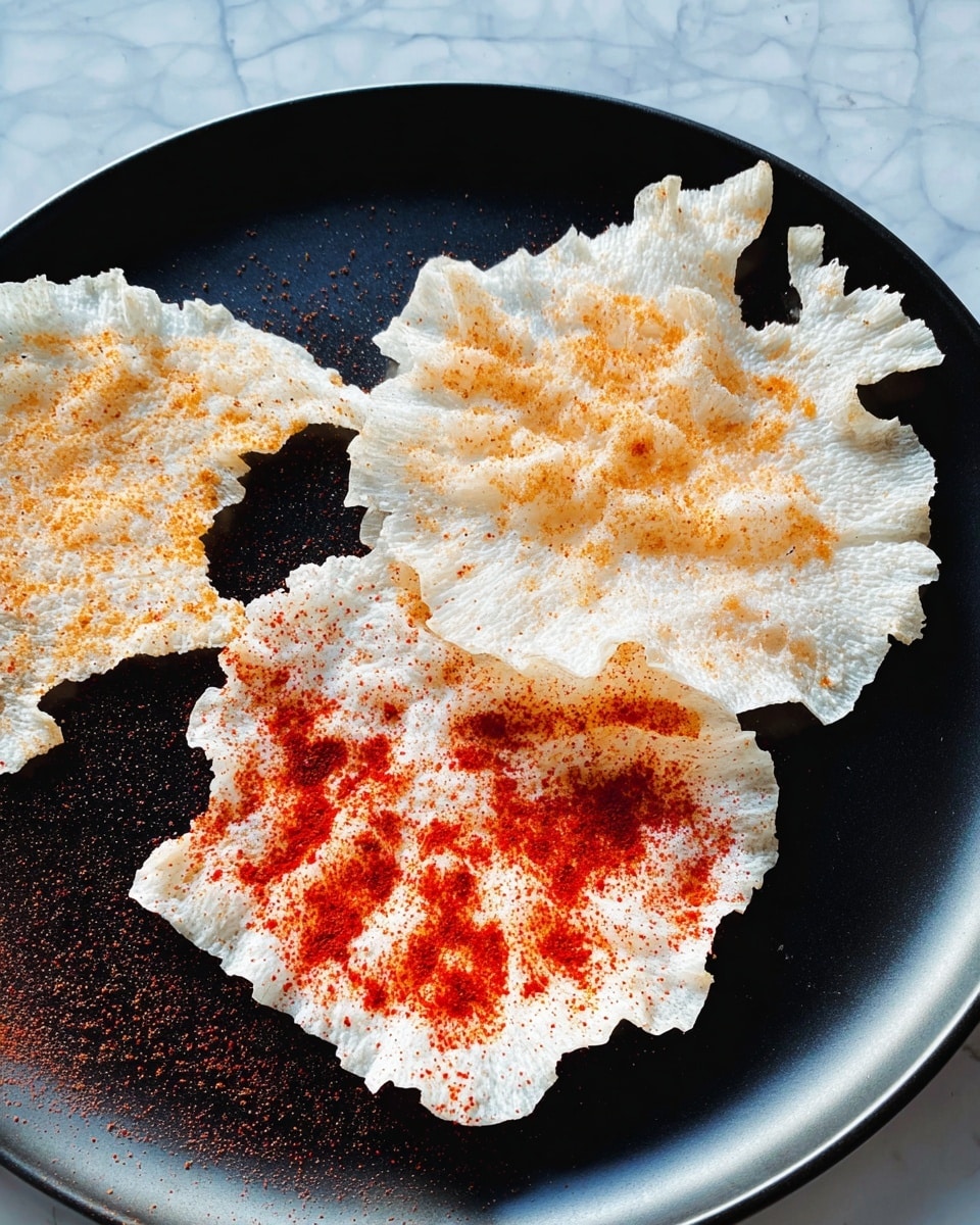 The image shows a white plate holding a round black tray with four large, thin, crispy snack pieces, each with a ruffled edge and airy texture. The pieces are unevenly spread out on the tray. The top piece is pale white with light orange powder sprinkled on top. The left piece has a similar texture but is dusted with a more intense orange powder. The bottom piece is larger, showing a white base with bright red powder scattered irregularly over it. The white plate and black tray contrast with the bright colors of the powders, and the surface beneath is a white marbled texture. photo taken with an iphone --ar 4:5 --v 7