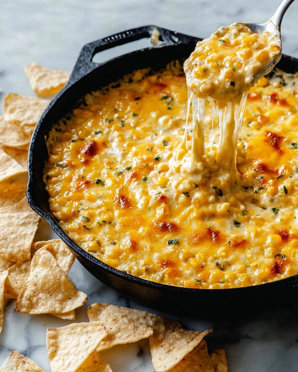 The image shows a black cast iron skillet filled with golden yellow cheesy corn dip, with melted cheese creating a bubbly, slightly browned top layer. The dip has visible corn kernels mixed with small bits of green herbs, giving it a textured, creamy look. A spoon is scooping some of the dip, pulling stringy melted cheese that stretches out, landing on a few scattered white tortilla chips around the skillet. The chips are topped with the same cheesy corn mixture. The skillet and chips rest on a white marbled surface. photo taken with an iphone --ar 4:5 --v 7