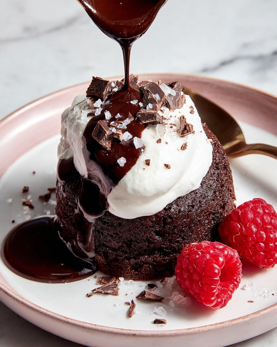 A single round dark brown chocolate cake sits in the center of a white plate, topped with a thick layer of white whipped cream. Rich, glossy dark chocolate sauce is pouring over one side of the cake, dripping down onto the plate. Scattered pieces of dark chocolate chunks and a few flakes of sea salt rest on the whipped cream. Three bright red raspberries are placed on the plate next to the cake. A bronze spoon lies beside the plate, all set on a white marbled surface. Photo taken with an iphone --ar 4:5 --v 7