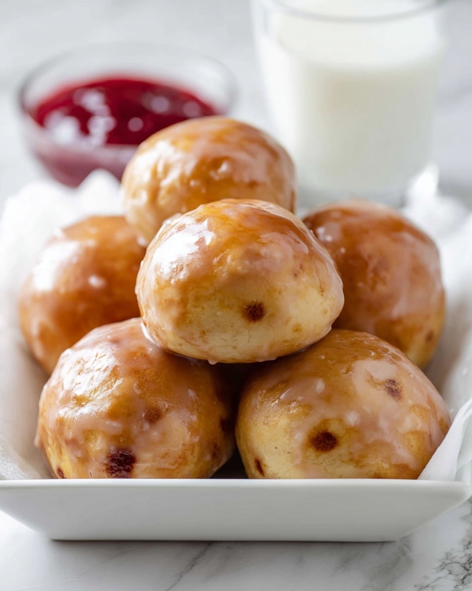 A white rectangular dish holds a pile of seven baked round dough balls with a shiny light brown glaze coating their smooth surfaces. The dough balls have small uneven bumps, and their golden brown areas show slight texture and tiny darker spots. In the background, there is a white cup filled with red jam and a clear glass of milk, all sitting on a white marbled surface. The scene is softly lit, highlighting the glossy glaze on the dough balls. photo taken with an iphone --ar 4:5 --v 7