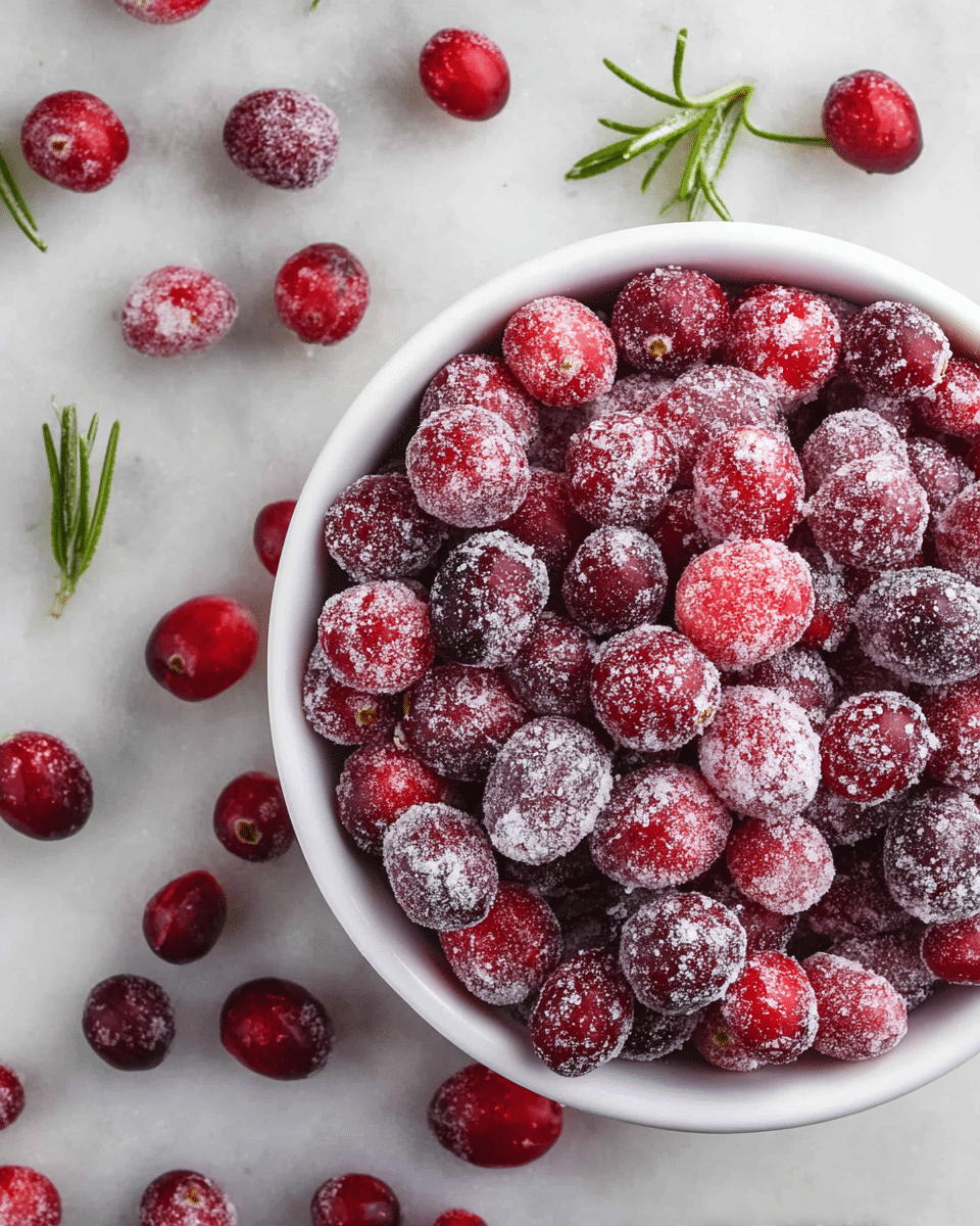 A white bowl filled to the top with red cranberries coated in a layer of white sugar crystals, giving them a frosted look; the cranberries vary in shades of red from bright to dark, and some loose fresh cranberries and a small green rosemary sprig are scattered on the white marbled surface around the bowl. photo taken with an iphone --ar 4:5 --v 7