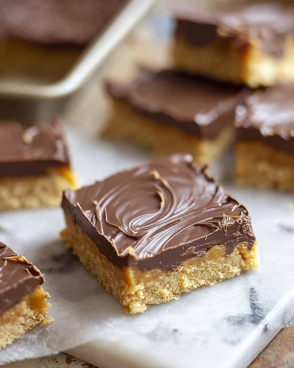 The image shows square dessert bars with two clear layers placed on a white marbled surface. The bottom layer is a crumbly light golden crust with a slightly rough texture, while the top layer is a smooth and shiny chocolate coating that looks thick and glossy with swirled patterns. The bars are scattered casually, with one piece in front and more blurred bars in the background, some on a white tray. The lighting highlights the shine of the chocolate and the texture of the crumbly base. photo taken with an iphone --ar 4:5 --v 7