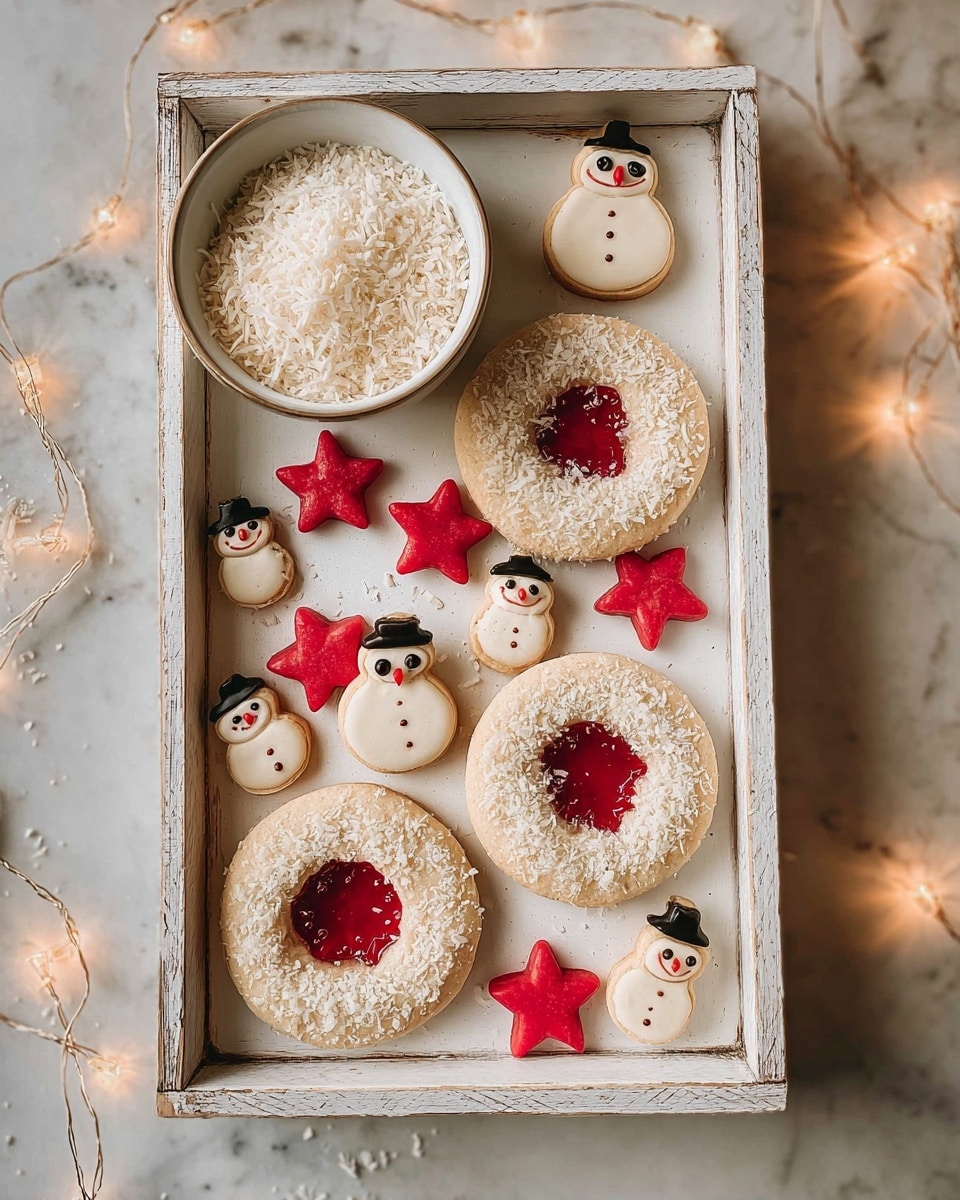 A white wooden tray holds several round cookies with a light beige base, each topped with a white icing layer sprinkled with fine coconut flakes, and a bright red star-shaped jelly center. Some cookies are paired with smaller round cookies decorated to look like snowmen, featuring black eyes and a red nose. Scattered among the cookies are several small, bright red star-shaped cookies with a smooth, shiny icing on top. To the top left of the tray, a white bowl filled with fine shredded coconut is placed. The tray is placed on a white marbled surface, surrounded by warm twinkling star-shaped fairy lights. Photo taken with an iphone --ar 4:5 --v 7
