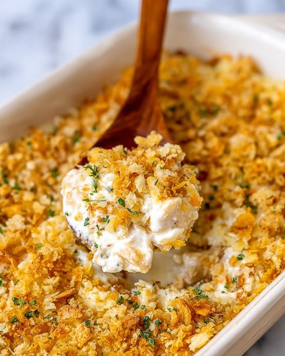 The dish is a creamy casserole in a white baking dish with a thick layer of golden, crispy crumb topping that looks crunchy and slightly uneven. The middle layer beneath the topping is smooth and creamy white with small pieces of chicken mixed in. The crumb topping has a mix of light brown and golden-yellow shades with some green herbs sprinkled on top. A wooden spoon is scooping a serving of the casserole, showing the soft, creamy inside and crispy top together. The background is a white marbled texture. photo taken with an iphone --ar 4:5 --v 7