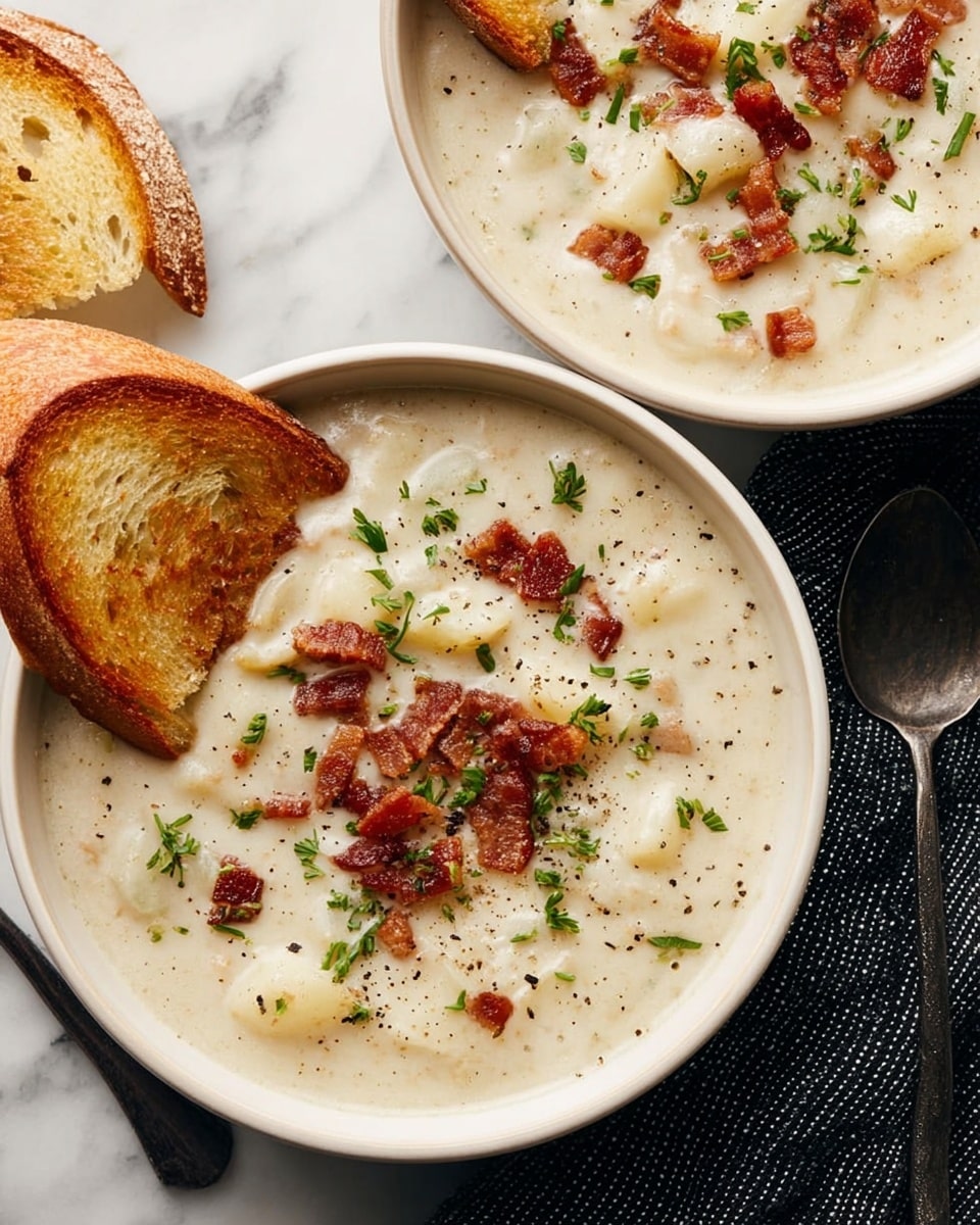 Two white bowls filled with creamy white chowder, thick in texture with visible soft potato chunks, topped with small crispy brown bacon pieces and finely chopped green herbs, and cracked black pepper sprinkled over. One bowl features a golden toasted bread slice dipped slightly in the chowder on the side. The bowls are placed on a white marbled surface with a black and white cloth nearby. Photo taken with an iphone --ar 4:5 --v 7