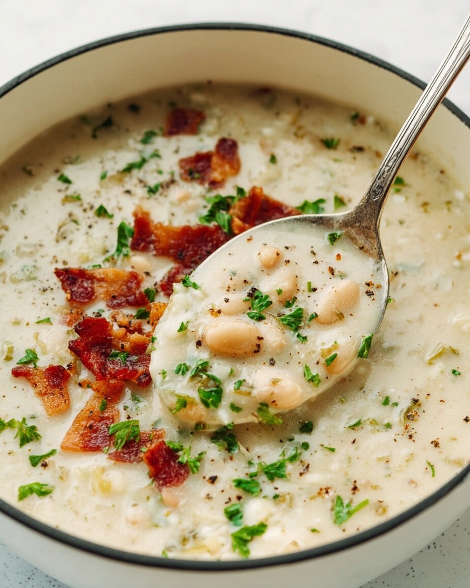 A close-up view of a creamy white soup with a thick texture, filled with small pieces of light beige beans and bits of green herbs evenly spread throughout. On top, there are scattered crispy, reddish-brown bacon pieces and finely chopped bright green parsley, with a few black pepper specks for contrast. A metal spoon lifts a portion of the soup, showing the mix of beans, herbs, and bacon clearly. The soup is served in a white bowl with a thin black rim, placed on a white marbled surface. photo taken with an iphone --ar 4:5 --v 7