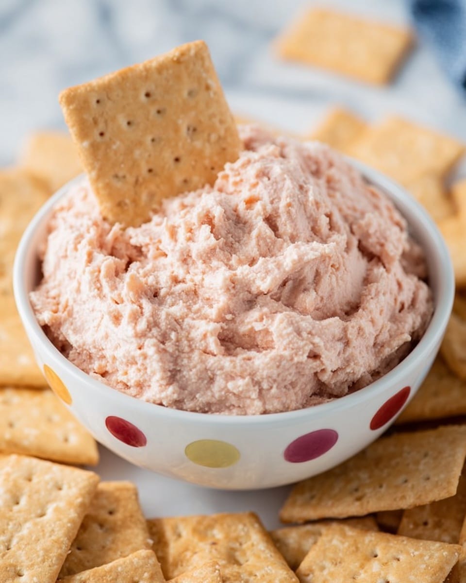 A close-up of a bowl filled with a thick pinkish spread that looks creamy and slightly chunky, with one rectangular wheat cracker dipped halfway into the spread, standing upright in the center. The bowl is white with colorful circular dots around its side. Around the bowl, there are more rectangular wheat crackers arranged on a white marbled surface, some standing and some lying flat. The overall texture of the spread is dense but soft, and the colors are light pink and beige. photo taken with an iphone --ar 4:5 --v 7