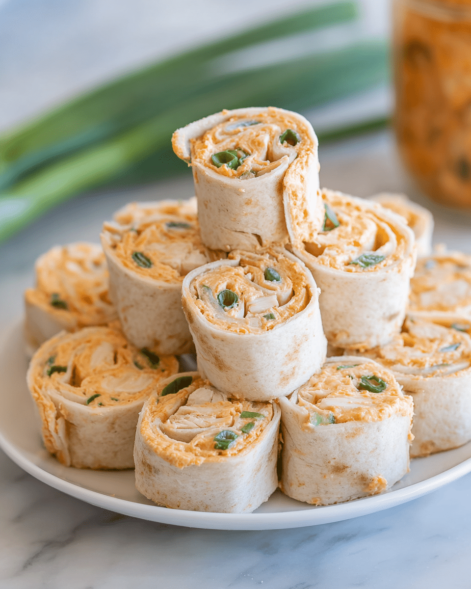 A stack of bite-sized pinwheel sandwiches is shown on a white plate, each consisting of two layers: a soft, light beige tortilla wrap on the outside and a creamy orange filling swirled inside, speckled with small bits of green herbs and white pieces, likely chicken. The pinwheels are stacked in a small pyramid, displaying fresh, textured layers of the spread and tortilla. In the blurred background, green onions lie on a white marbled surface, and an orange jar is partially visible. The photo taken with an iphone --ar 4:5 --v 7