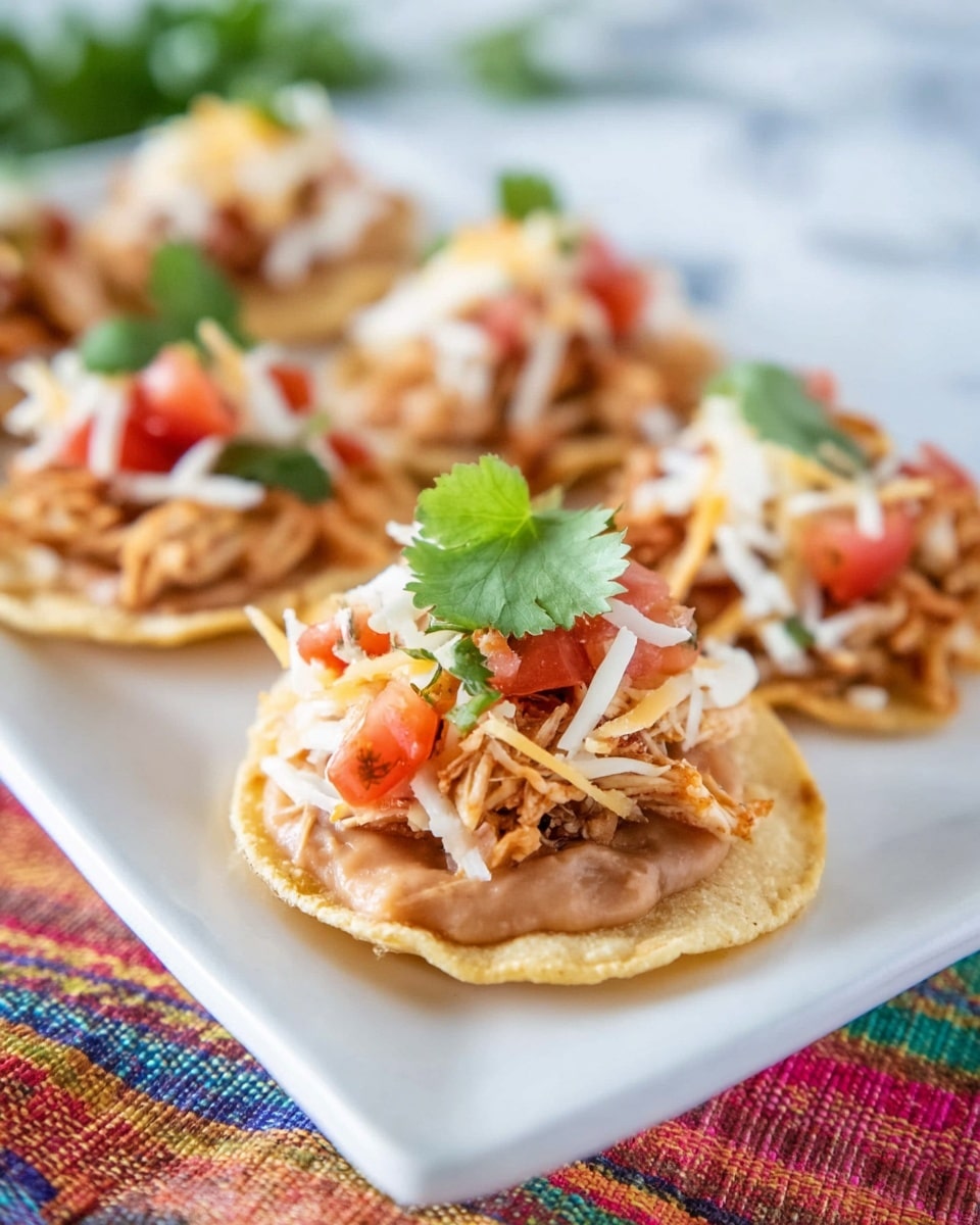 The image shows small round tostadas stacked on a white plate. Each tostada has three layers: the bottom crispy tortilla layer is light beige, topped with a smooth light brown refried beans layer, then shredded cooked chicken in light golden color, sprinkled with a mix of white and yellow shredded cheese, finished with small red diced tomatoes mixed with green cilantro pieces, and a single green cilantro leaf on top as garnish. The plate sits on a colorful woven cloth with a white marbled surface in the background. Photo taken with an iphone --ar 4:5 --v 7