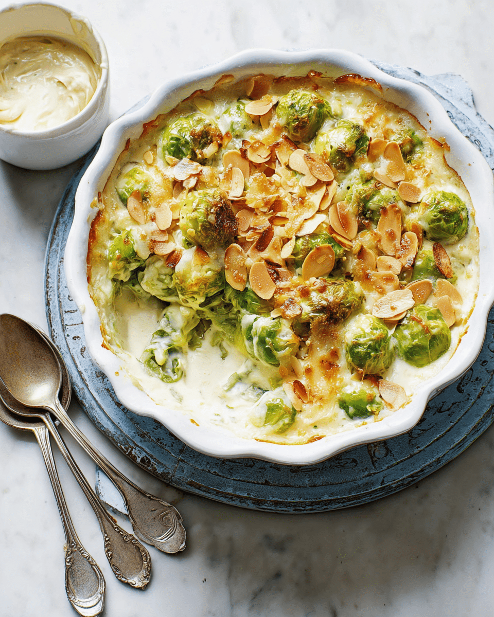 A white round dish filled with a creamy casserole that has three visible layers: at the bottom, a smooth white sauce; in the middle, bright green Brussels sprouts mixed evenly; and the top layer covered with thin, toasted almond slices that are golden brown and slightly crispy around the edges, with some melted cheese bubbling through. The dish is partly scooped out, showing the soft inside layers. It sits on a blue metal trivet on a white marbled surface. Next to it is a small white bowl with a creamy spoonful and two vintage-style silver spoons. photo taken with an iphone --ar 4:5 --v 7