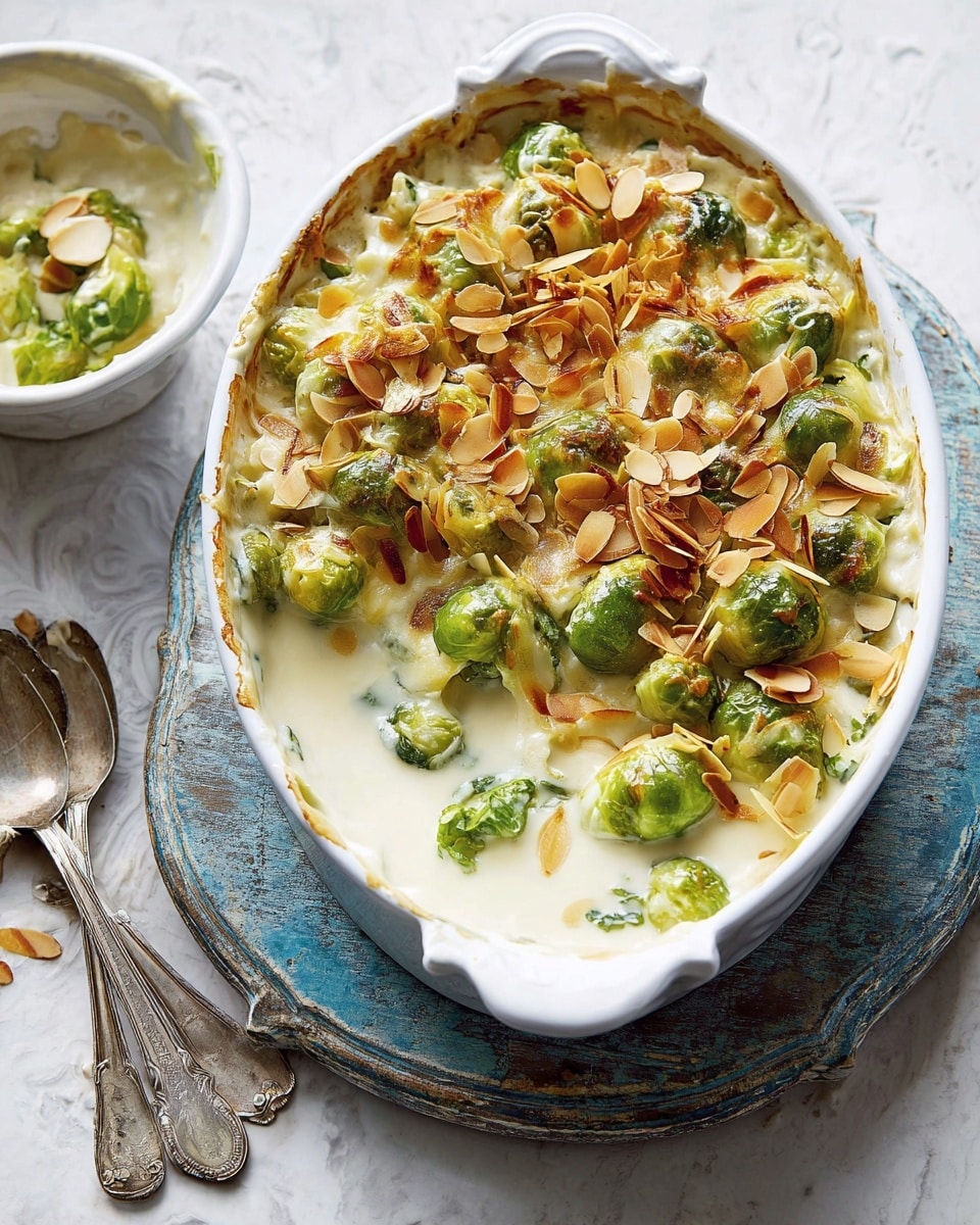 A white shallow baking dish holds a baked Brussels sprouts casserole with three layers: at the bottom, a creamy white sauce with a smooth texture; the middle layer is bright green Brussels sprouts, slightly roasted and mixed in the sauce; the top layer is golden toasted almond slices spread unevenly, some browned around edges. The dish is placed on a rustic blue trivet over a white marbled surface. To the left, two vintage silver spoons rest in a small white bowl containing some creamy sauce and Brussels sprouts. photo taken with an iphone --ar 4:5 --v 7