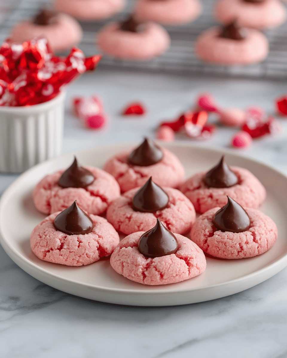 The image shows seven pink thumbprint cookies placed closely together on a white plate. Each cookie has a soft, cracked texture and a slightly rounded shape, topped with a smooth, shiny, dark brown chocolate kiss sitting in the center. The plate rests on a white marbled surface. In the background, more cookies are cooling on a wire rack, and there is a small white cup filled with red candies, some wrapped and some unwrapped, scattered around it. The focus is sharp on the cookies on the plate, with the background softly blurred. photo taken with an iphone --ar 4:5 --v 7