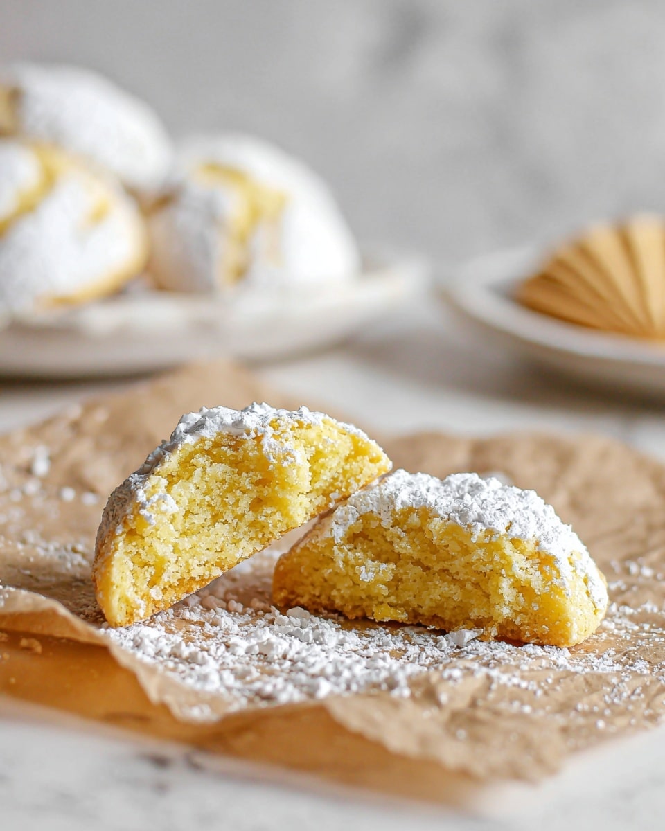 A close-up of a soft yellow cookie broken in half showing a crumbly inside texture, each piece coated lightly with powdered sugar that forms a white layer on the outside. The cookie halves rest on crumpled brown paper with more powdered sugar scattered around, while in the blurred background there are whole cookies also dusted with powdered sugar. Behind them, a white plate with a wafer cookie is visible, all placed on a white marbled surface. The scene has soft, natural light highlighting the texture of the cookie and powdered sugar. photo taken with an iphone --ar 4:5 --v 7
