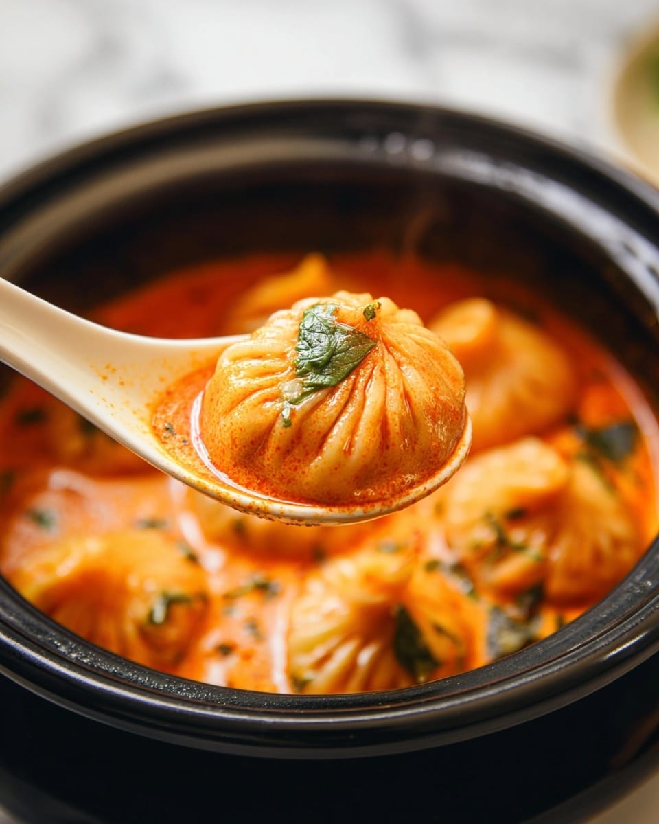 A white ceramic spoon holds a single round dumpling with a textured, pleated top soaked in a bright orange-red curry sauce and topped with a small green leaf. The dumpling looks soft and slightly shiny from the sauce. Below, several more dumplings sit in the same thick, creamy curry inside a black pot, with visible herbs scattered on top. The background is softly blurred with a white marbled surface beneath. Photo taken with an iphone --ar 4:5 --v 7