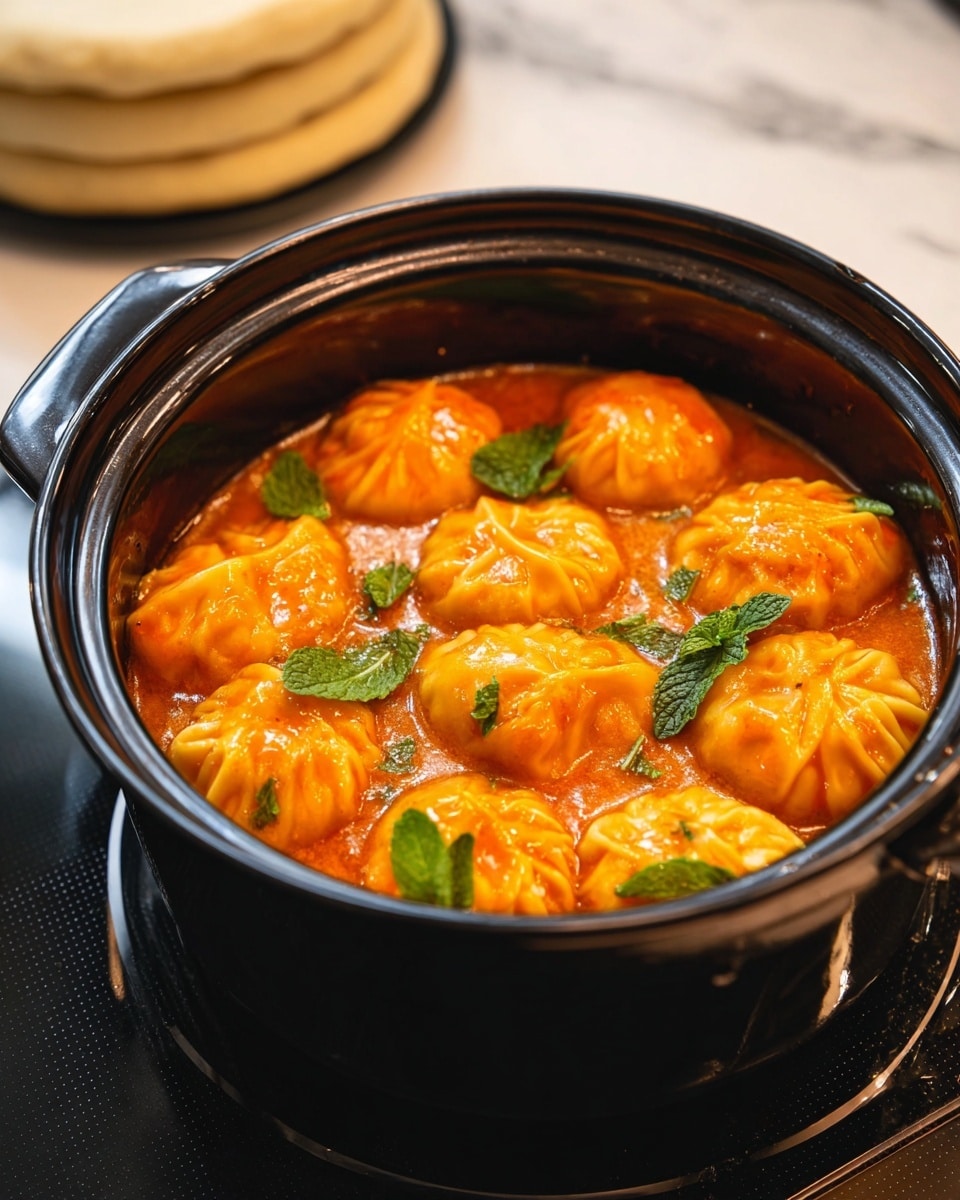 A black pot filled with eight round, pleated dumplings, each orange in color with a slightly glossy texture from being cooked in a thick orange sauce that almost reaches the top of the dumplings. Scattered fresh green mint leaves rest on and around the dumplings, adding a pop of color. The pot sits on a black stovetop, and in the blurry background, there are white pie crusts stacked on a white marbled surface. photo taken with an iphone --ar 4:5 --v 7