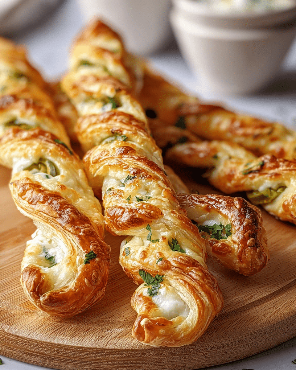 The image shows three twisted pastry sticks on a wooden board, each made of golden-brown, flaky, and crispy layers of dough. The layers twist around a creamy white cheese filling that peeks through the gaps, mixed with thin slices of green jalapeño pepper and sprinkled with small green herb pieces for freshness. The outside of the pastry is slightly shiny, showing a well-baked texture with some melted cheese spots. The background is softly blurred, with white bowls and a white marbled texture surface faintly visible. photo taken with an iphone --ar 4:5 --v 7