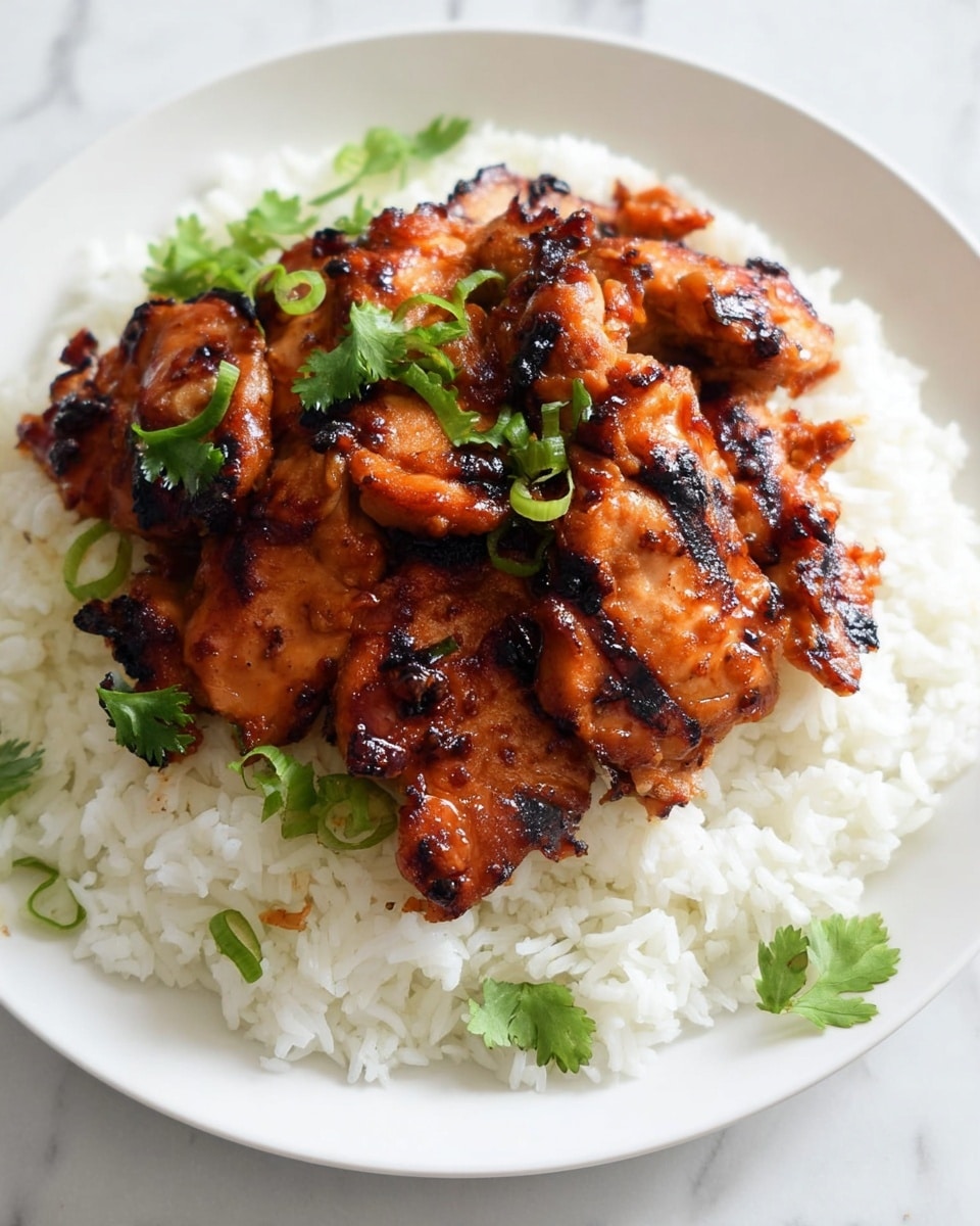 A white plate holds a bed of soft, fluffy white rice spread evenly in a circular layer, topped with a thick layer of glazed grilled chicken pieces that are golden brown with charred edges and a shiny texture. The chicken rests center stage, with visible grill marks and a slightly sticky sauce coating. Scattered on top and around the rice are thin slices of green onion and a few green cilantro leaves, adding small bright green touches. The plate sits on a white marbled surface. photo taken with an iphone --ar 4:5 --v 7