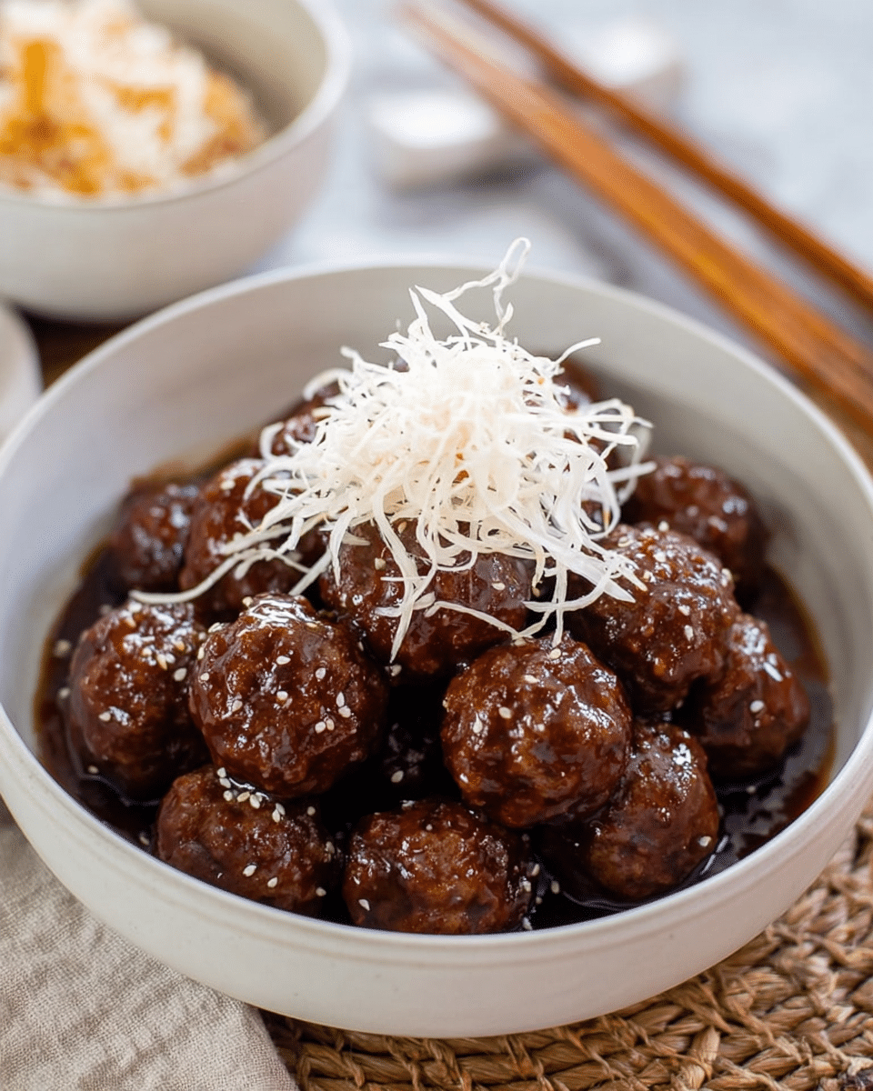 A bowl filled with shiny, dark brown meatballs coated in a glossy sauce, stacked closely together. On top of the meatballs, thin white strands, possibly shredded vegetables or garnish, are piled in the center, adding texture and lightness. The bowl is white and rests on a white marbled surface with a woven mat partially visible underneath. In the background, there is a smaller white bowl with a blurred view of a rice dish, and chopsticks are laid down beside it. Photo taken with an iphone --ar 4:5 --v 7