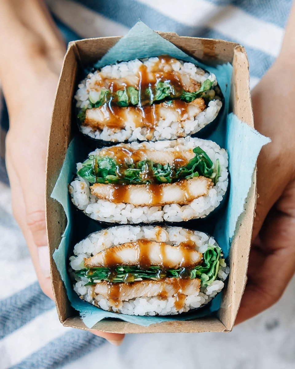 A close-up of three sushi sandwich halves placed vertically inside a small brown cardboard box lined with a blue napkin. Each sushi sandwich has a black seaweed outer layer wrapped tightly around white sticky rice. Inside, there is a layer of green leafy vegetables, and a thick grilled white fish or chicken fillet with a glaze of brown sauce drizzled on top. The woman's hands are holding the box, and the background shows a soft blue and white striped fabric with a white marbled texture surface underneath. photo taken with an iphone --ar 4:5 --v 7
