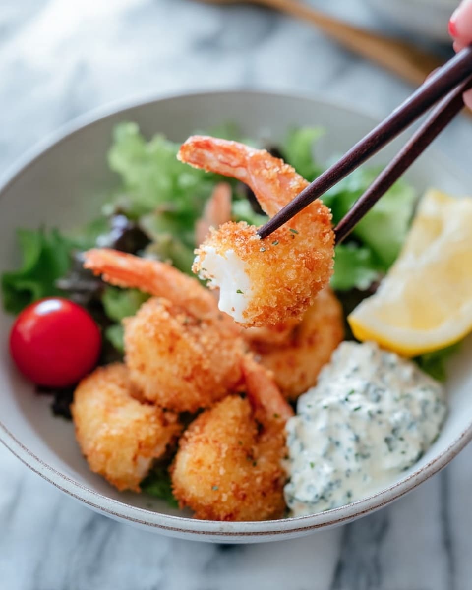A close-up of a dish with three golden-brown fried shrimp placed on a bed of green leafy lettuce on a white bowl, with a small mound of creamy white tartar sauce speckled with herbs in front. To the left side of the bowl, there is a shiny red cherry tomato and a pale yellow lemon wedge. A woman's hand holding dark wooden chopsticks is lifting one shrimp, showing its white interior and crispy coating. The background is a white marbled texture. photo taken with an iphone --ar 4:5 --v 7