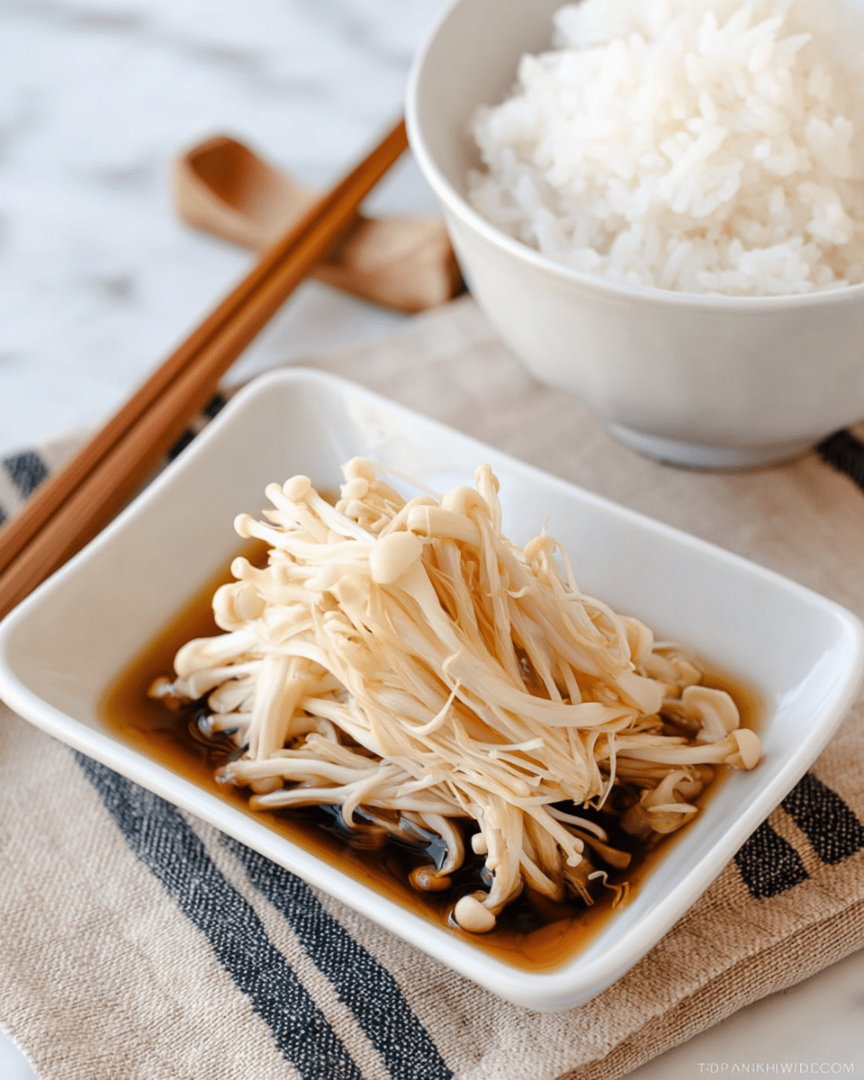 A small white rectangular dish holds a pile of light beige enoki mushrooms with thin, long stems and tiny rounded caps, sitting in a shallow pool of dark brown sauce. The mushrooms are slightly glossy and layered loosely on top of each other. In the background, a white bowl filled with fluffy white rice is partially visible. Below the dish and bowl, a beige cloth with thin dark stripes lies on a white marbled surface, and a pair of wooden chopsticks rests nearby. photo taken with an iphone --ar 4:5 --v 7