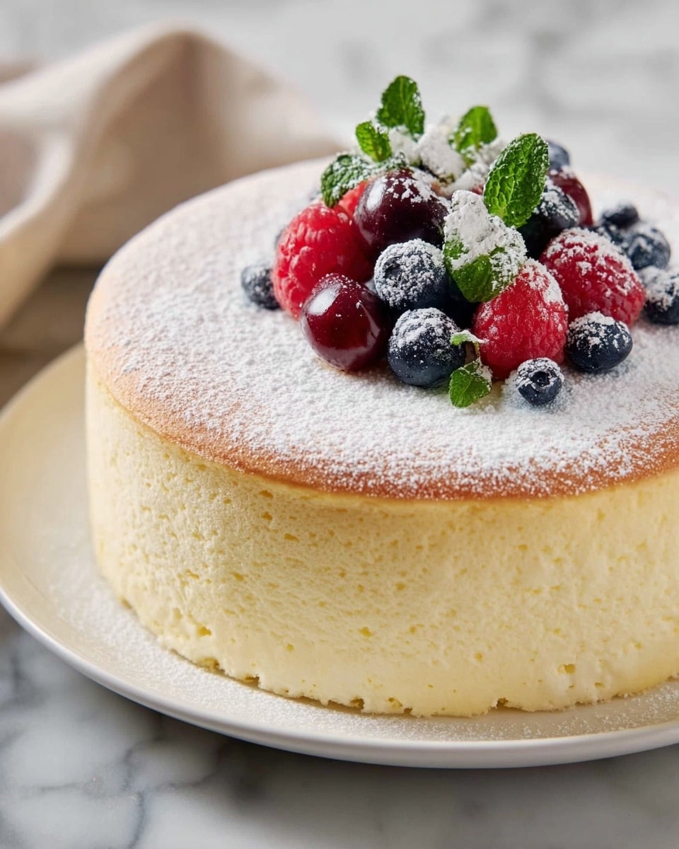 A thick, fluffy two-layered cheesecake with a pale yellow color sits centered on a white plate. The top layer is dusted with white powdered sugar, adding a light, soft texture. On top, there is a small pile of fresh berries, including bright red raspberries, deep blue blueberries, and dark red cherries, mixed with small green mint leaves. The cake is placed on a white marbled surface, enhancing its light and delicate appearance. photo taken with an iphone --ar 4:5 --v 7