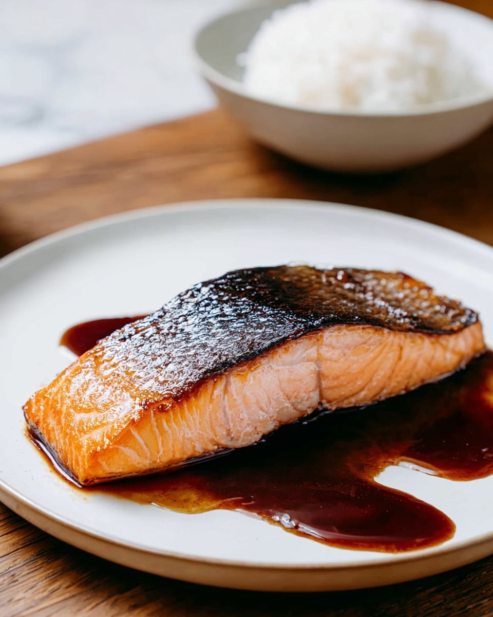 A single piece of cooked salmon is placed in the center of a white plate. The salmon has two distinct layers: a crispy dark brown skin on top with a shiny texture and a smooth, light pink cooked flesh underneath. The fish is resting on a glossy dark brown sauce that pools beneath it in irregular shapes. Part of a white bowl with plain white rice sits out of focus in the background on a wooden surface, which has been conceptually replaced with a white marbled texture. Photo taken with an iphone --ar 4:5 --v 7
