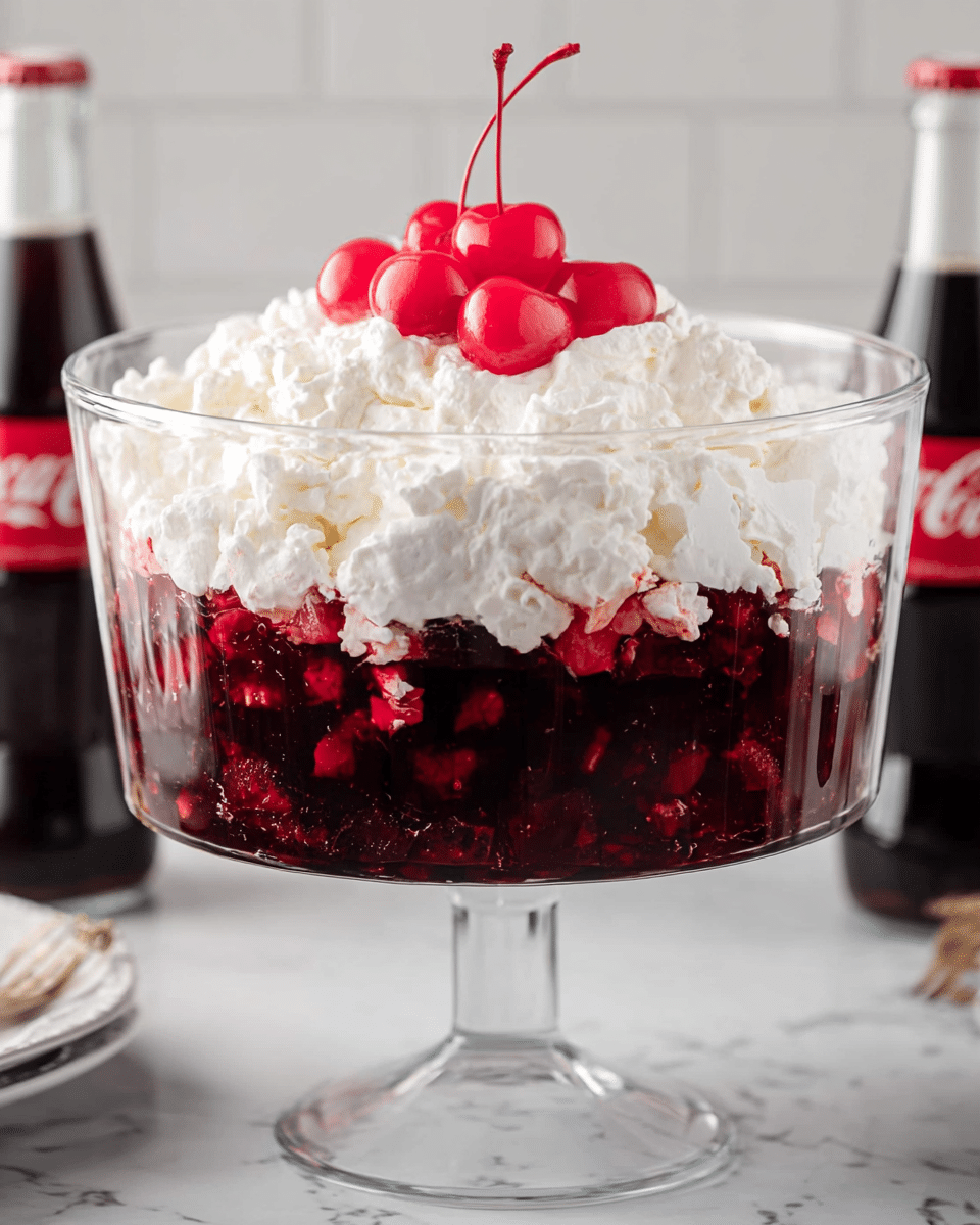 A clear glass trifle bowl on a tall stand holds a dessert with two main layers: the bottom is a dark red jelly filled with small fruit pieces giving it a textured look, and the top layer is thick, fluffy white whipped cream that covers the jelly almost to the edge. On top of the whipped cream is a cluster of bright red cherries, one with a short stem standing upright in the center. The bowl sits on a white marbled surface, with bottles of dark soda blurred in the background. photo taken with an iphone --ar 4:5 --v 7