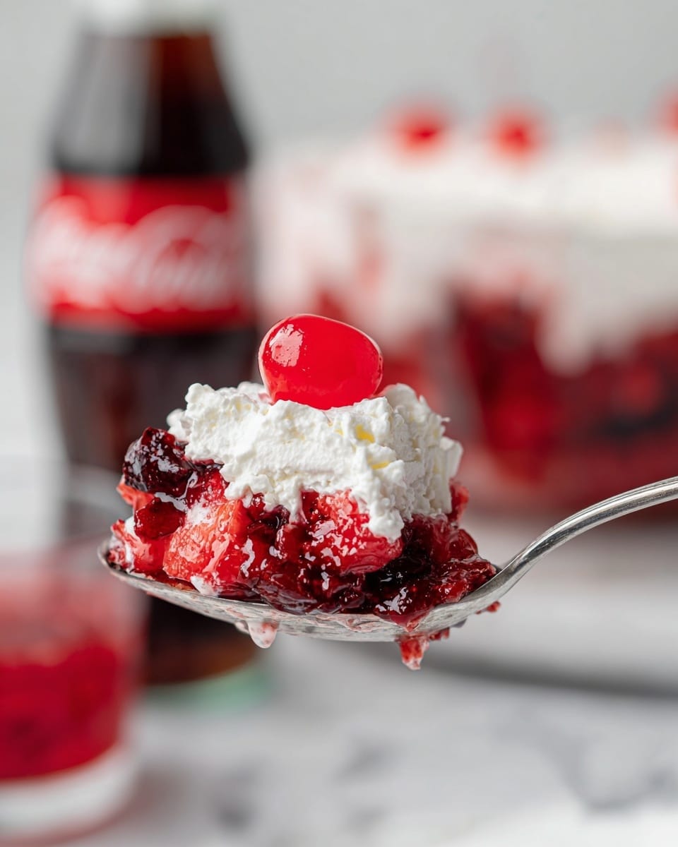 A close-up view of a spoon holding a dessert with three layers: the bottom layer is chunky red and dark red berries with a juicy and soft texture, the middle layer is a fluffy white whipped cream, and the top layer is a shiny bright red cherry placed on one side. In the background, there is a blurred white marbled surface with a glass container filled with a similar red dessert and a bottle of soda with a red label. photo taken with an iphone --ar 4:5 --v 7