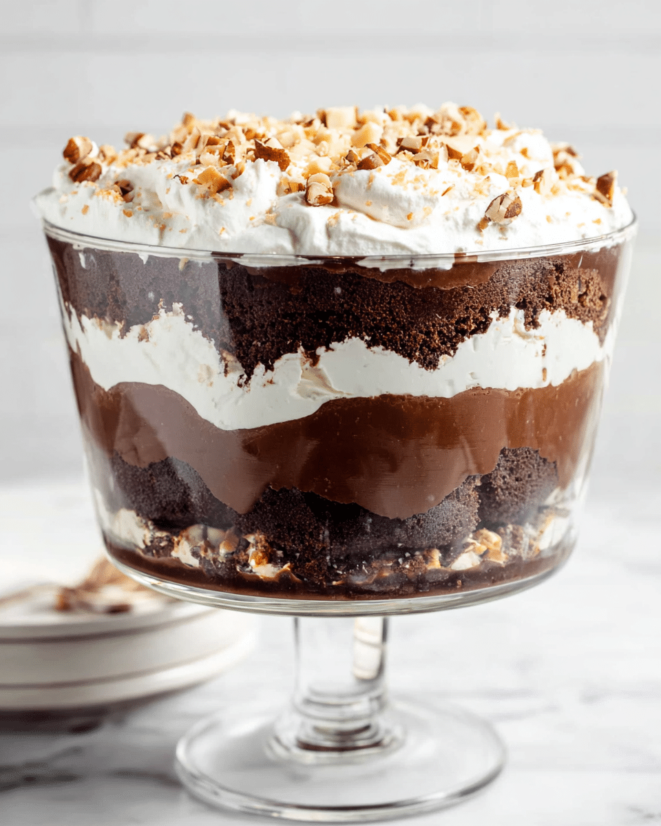 This image shows a dessert trifle in a clear glass bowl with a pedestal. It has four visible layers starting from the bottom: a dark brown chocolate cake layer with a crumbly texture, a thick dark chocolate pudding layer with a smooth and creamy texture, a white whipped cream layer with fluffy peaks, and another thick dark chocolate pudding layer. The top layer is white whipped cream sprinkled with chopped nuts that are light brown with a rough texture. The dessert is placed on a white marbled surface. photo taken with an iphone --ar 4:5 --v 7