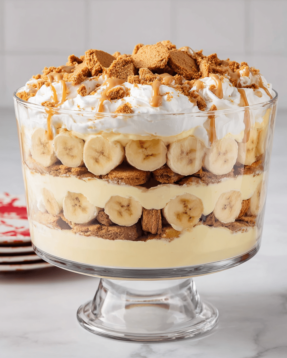 A clear glass trifle bowl shows a layered dessert standing on a clear glass pedestal. The bottom layer is thick, creamy, and pale yellow, topped with a layer of soft brown cookies and banana slices arranged evenly. Above this is another creamy pale yellow layer, followed again by a layer of cookies and banana slices. Next is a thick layer of fluffy white whipped cream. The top layer is scattered with crumbled brown cookie pieces and drizzled with a light brown sauce that looks smooth and glossy. The dessert sits on a white marbled surface with a soft white background. photo taken with an iphone --ar 4:5 --v 7