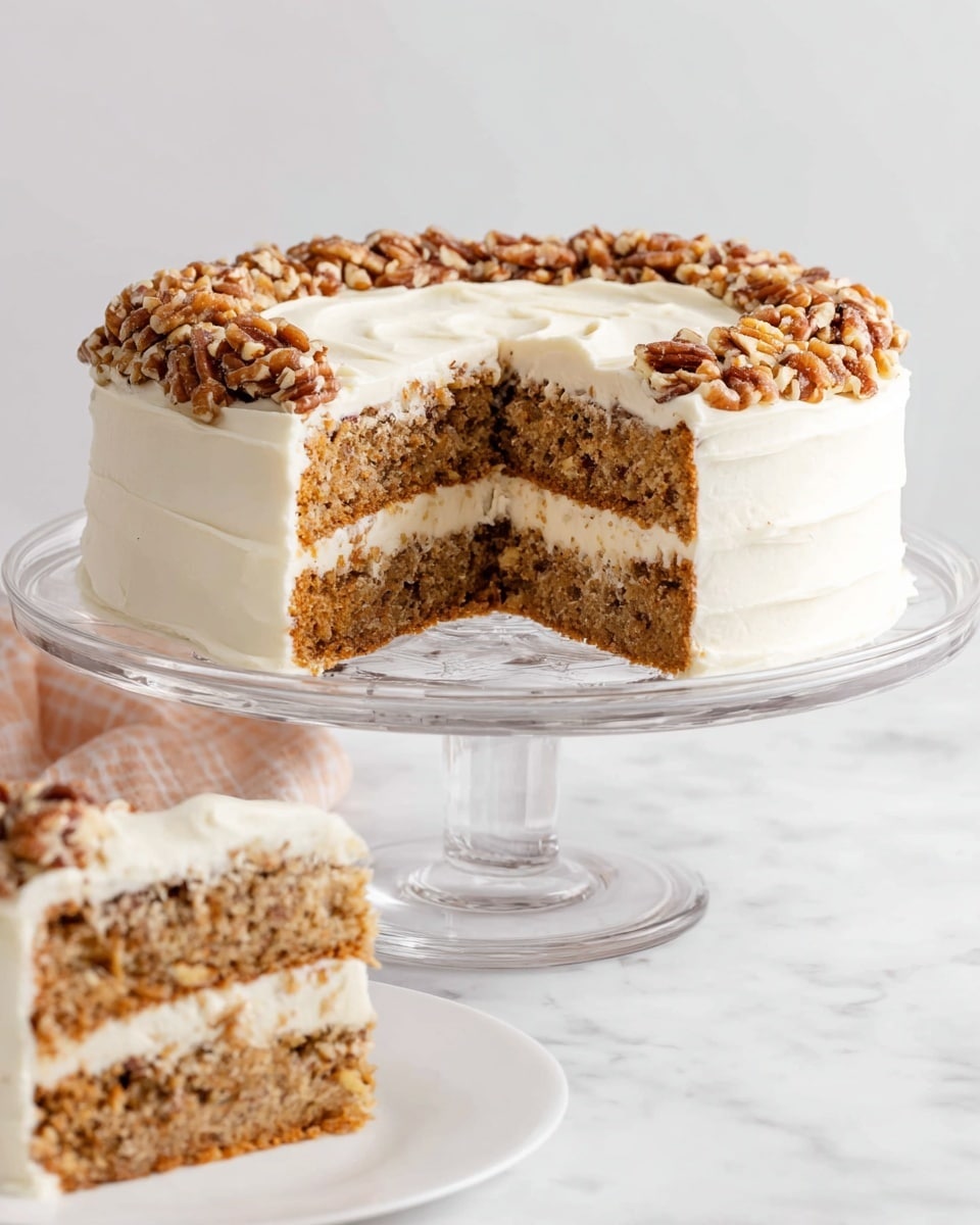 The image shows a three-layer round cake on a clear glass cake stand, sitting on a white marbled surface. Each layer of the cake is light brown with visible small textures from nuts or spices inside. Between the layers, there is a thick white creamy frosting. The whole cake is covered in smooth white frosting, and the top is decorated with a thick ring of chopped brown nuts around the edge. A slice is cut out from the cake, showing the inside layers clearly, and the cut slice is placed on a white plate next to the cake. photo taken with an iphone --ar 4:5 --v 7