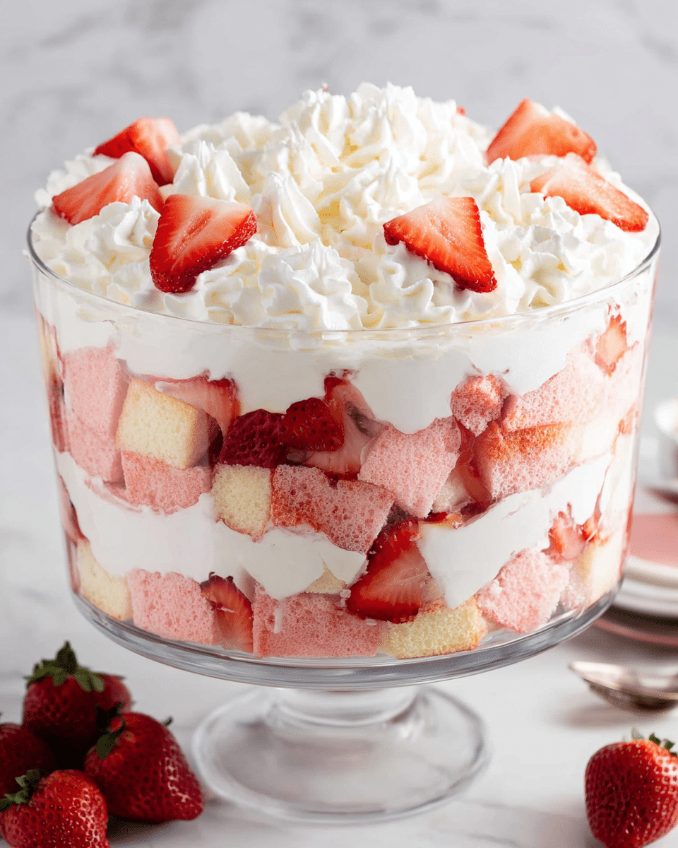 A clear glass trifle bowl holds a dessert with three main layers visible: at the bottom, pink sponge cake cubes fill the space; in the middle, white cream mixed with sliced red strawberries is spread unevenly over the cake; on top, thick white whipped cream is piped in rosettes, and several sliced strawberries are placed as decoration. The bowl sits on a white marbled surface with fresh whole strawberries nearby. photo taken with an iphone --ar 4:5 --v 7