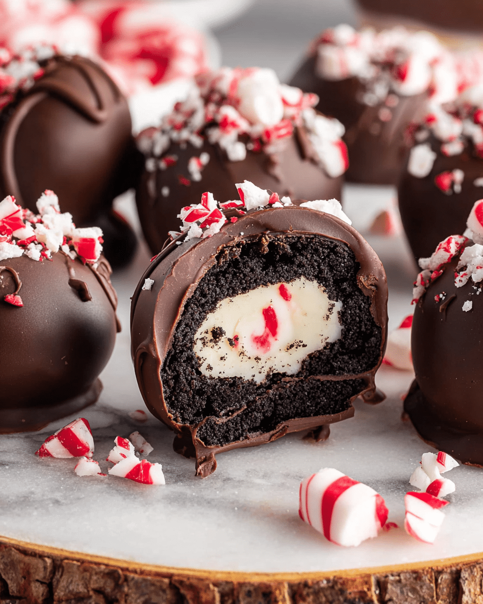 The image shows several chocolate truffles on a white marbled surface with a wooden round slice underneath. Each truffle has three visible layers: a smooth dark chocolate outer coating with a few crushed red and white candy pieces sprinkled on top, a thick dark chocolate cookie crumb middle layer that looks slightly crumbly, and a creamy white candy center shaped like a Hershey's Kiss with red specks. One truffle is cut in half, showing all layers clearly and surrounded by more crushed candy pieces. Photo taken with an iphone --ar 4:5 --v 7