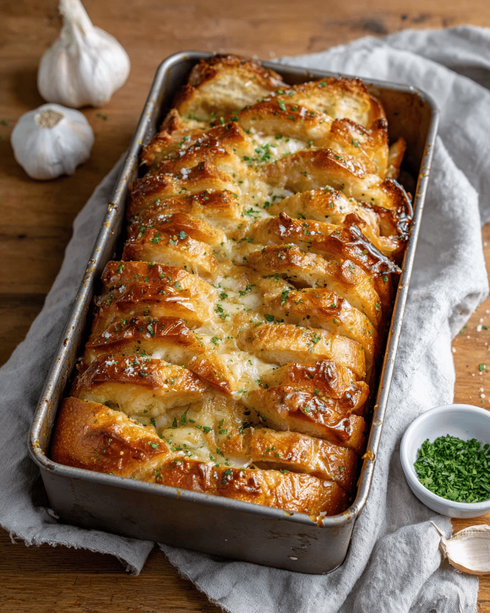 The image shows a baked pull-apart bread in a rectangular metal loaf pan, placed on a wooden surface. The bread has about 10 thick layers, each golden brown with melted cheese visible between the folds. The top is shiny with a glossy glaze and sprinkled with small green herbs and coarse sea salt. The edges of the bread are crisp and slightly darker, with some cheese caramelized and oozing out. The background includes two garlic bulbs on the top left, a small white bowl of finely chopped green herbs on the right, and a light grey cloth partially under the pan. photo taken with an iphone --ar 4:5 --v 7