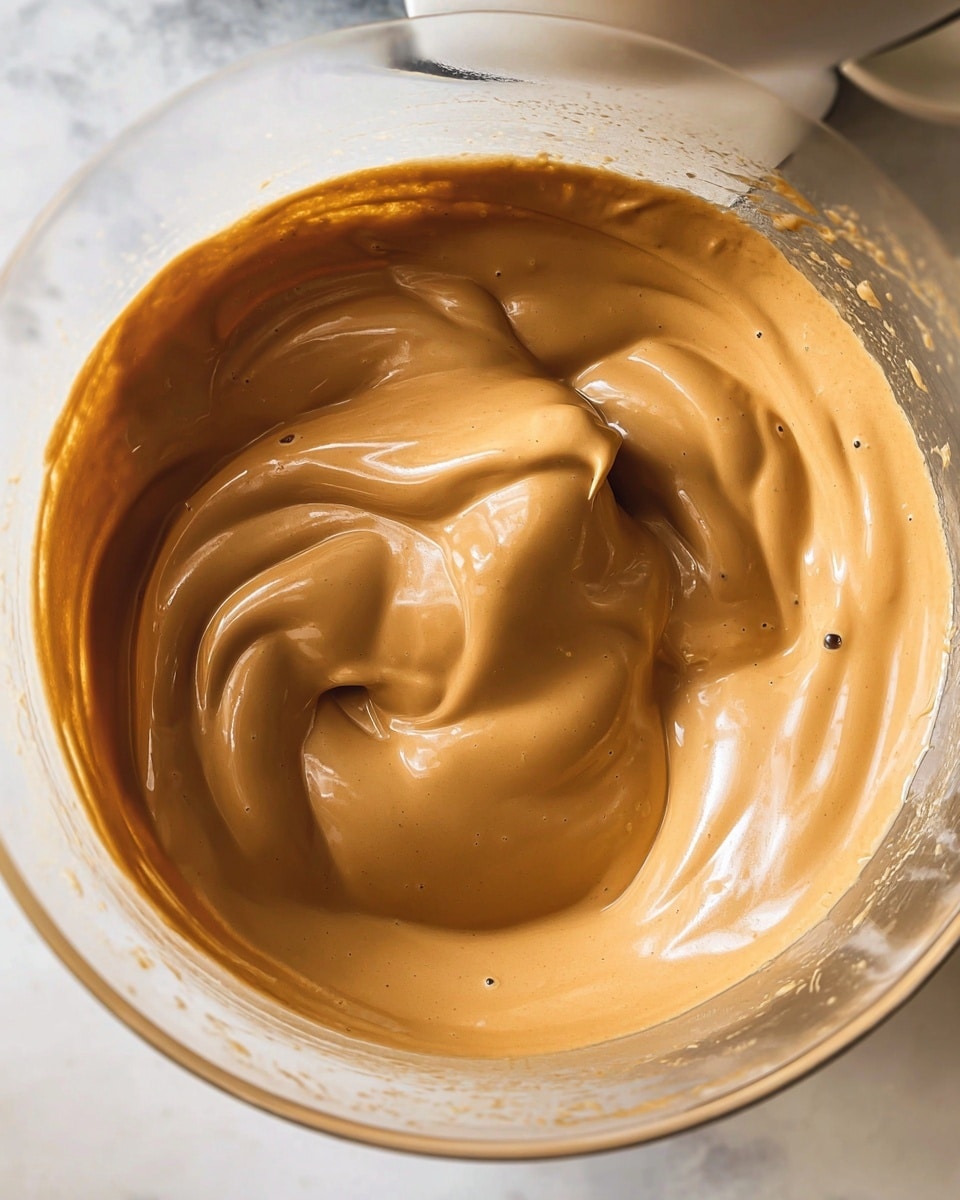 A close-up image of a thick, smooth, and shiny whipped coffee mixture in a clear glass bowl. The coffee foam is a rich caramel brown color with soft peaks and swirls showing its airy texture. The surface is glossy and creamy, with some small bubbles and uneven folds creating gentle shadows. Drops of the coffee mix can be seen splattered inside the bowl near the upper edge. The setting is on a white marbled surface with soft natural lighting. photo taken with an iphone --ar 4:5 --v 7